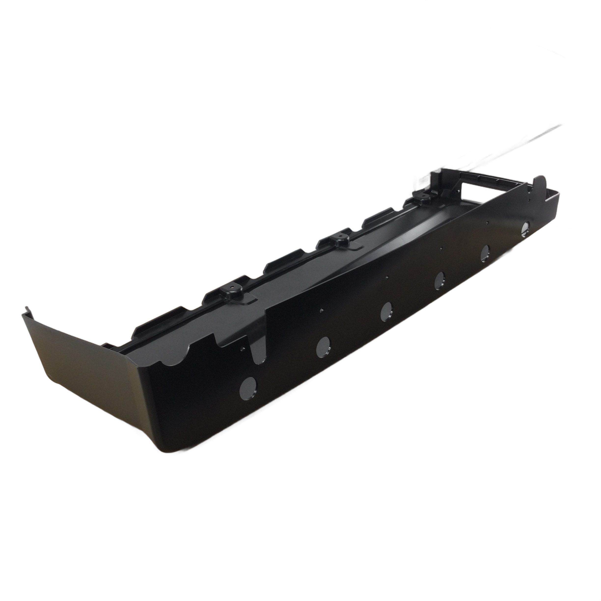 A gloss black right-side box panel by Polaris, shown on a white background with multiple mounting slots and round holes—perfect as a replacement part for Polaris UTVs or other off-road ATV applications.