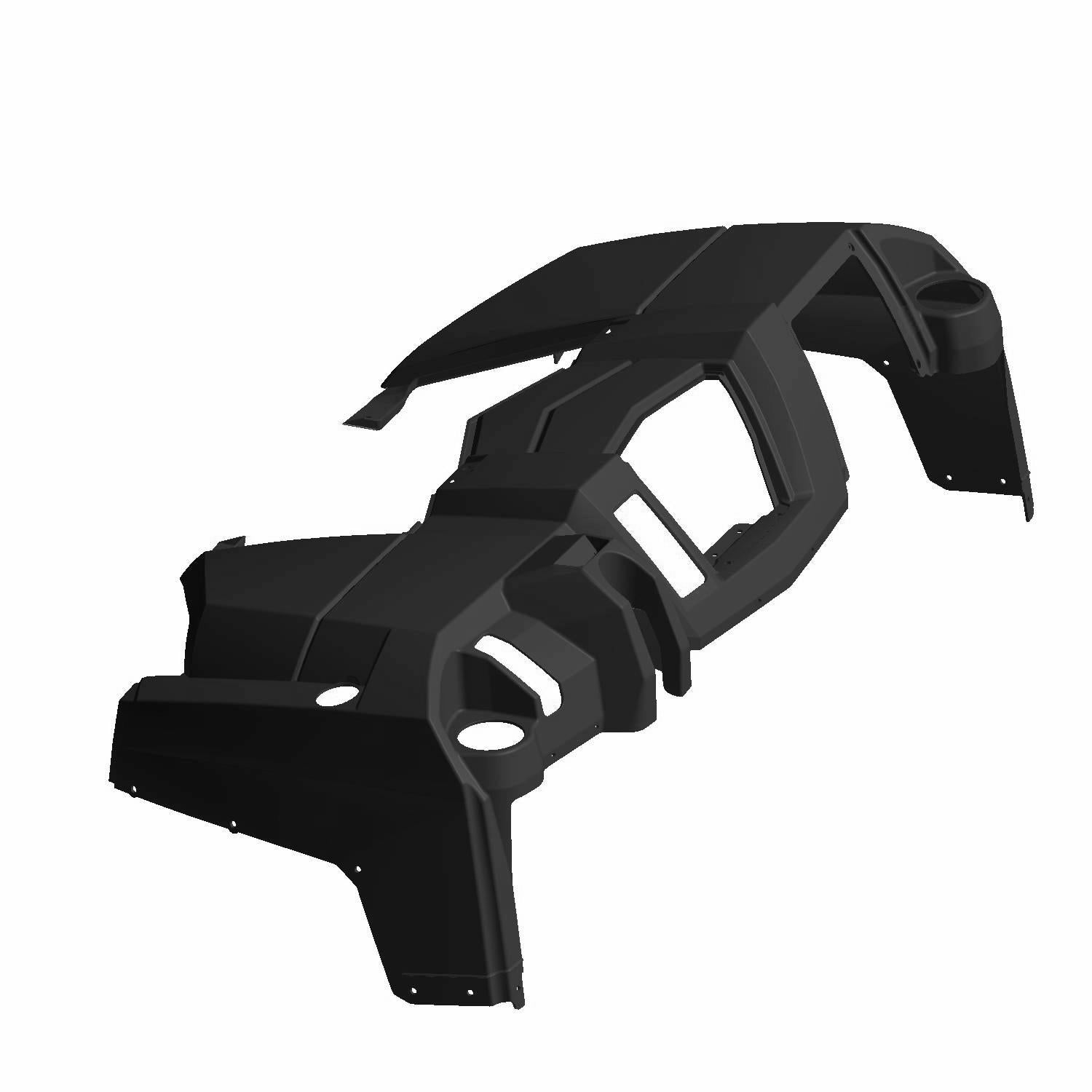 Black angular hard plastic hood panel with multiple cutouts and mounting points.