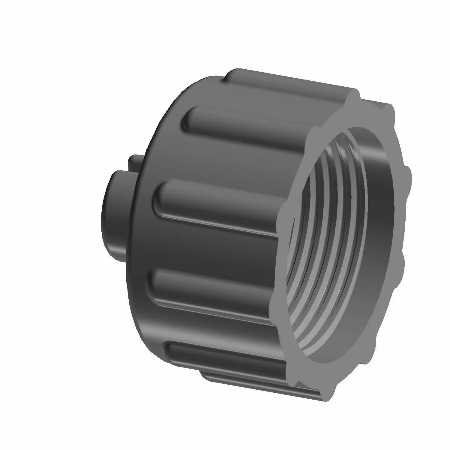Black plastic cap with external ridges and internal threading with a small integrated fitting nozzle.