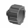 Black plastic cap with external ridges and internal threading with a small integrated fitting nozzle.