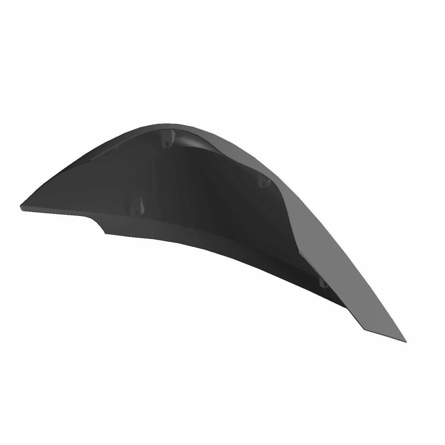 Black curved hard plastic right saddlebag lid with smooth finish and mounting points.