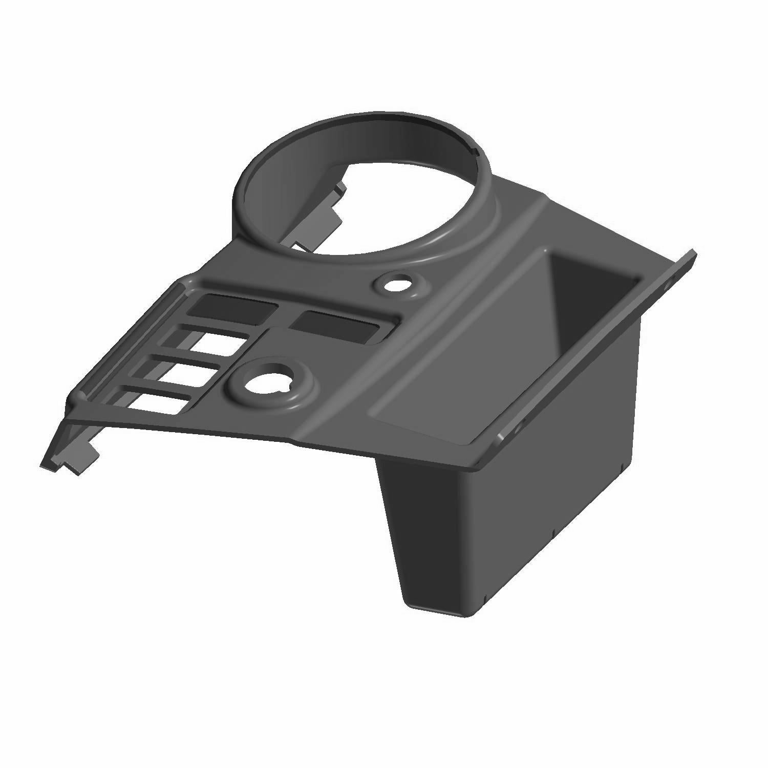 Gloss black plastic dash panel control with multiple switch slots and circular gauge opening for Polaris Ranger UTV.