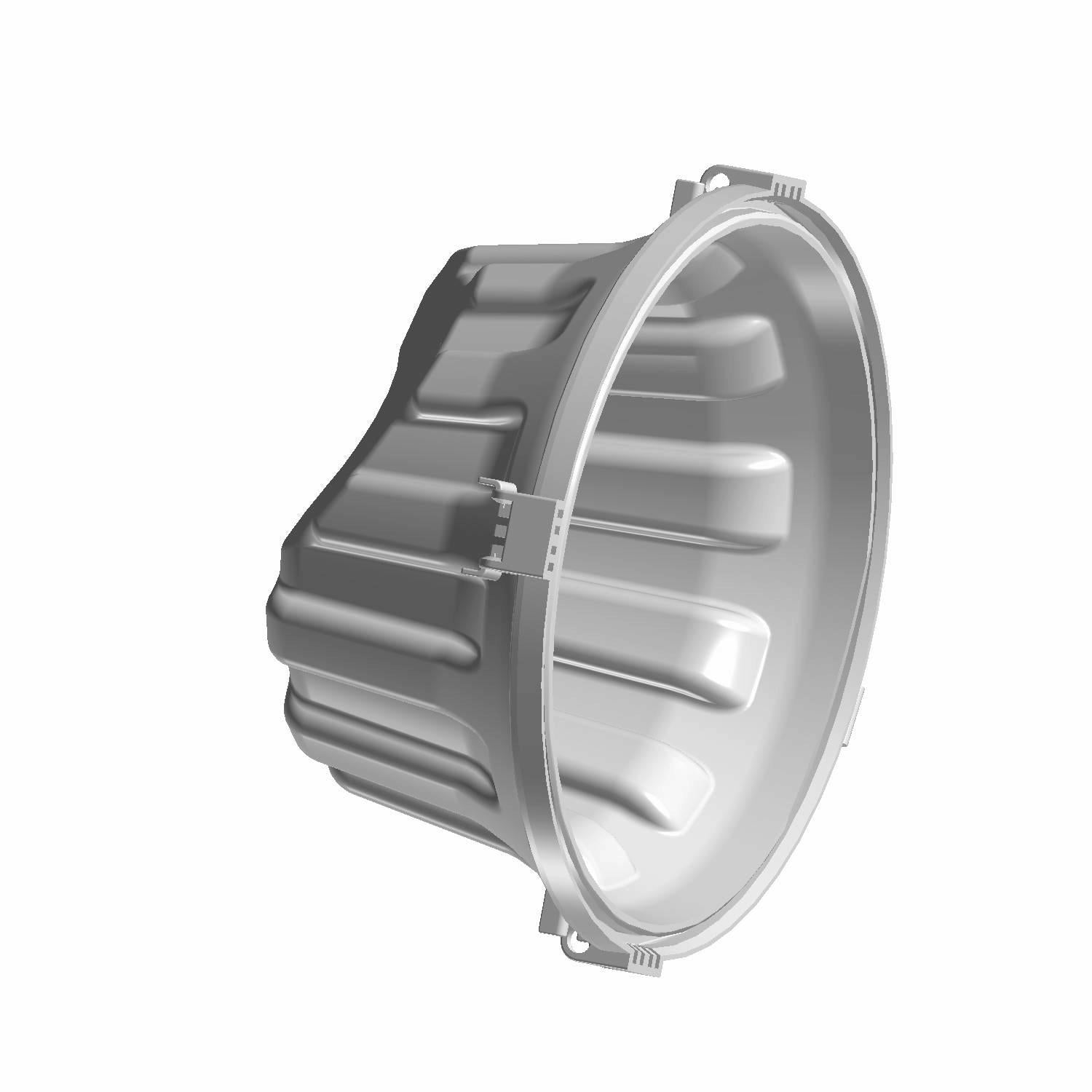 Gray molded plastic airbox cap with ribbed outer surface and circular mounting flange.