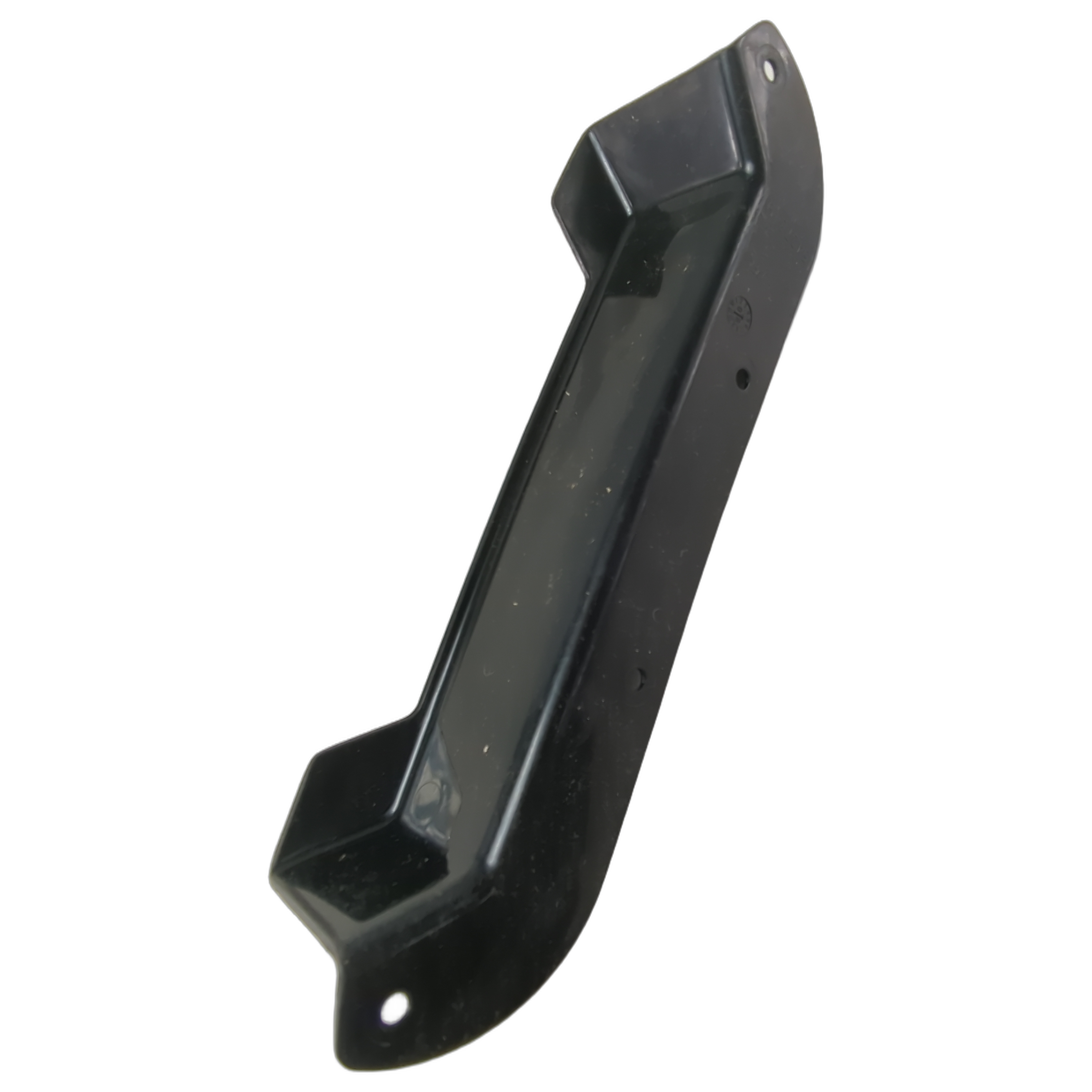Glossy black lower seat panel cover with contoured edges and mounting hole.
