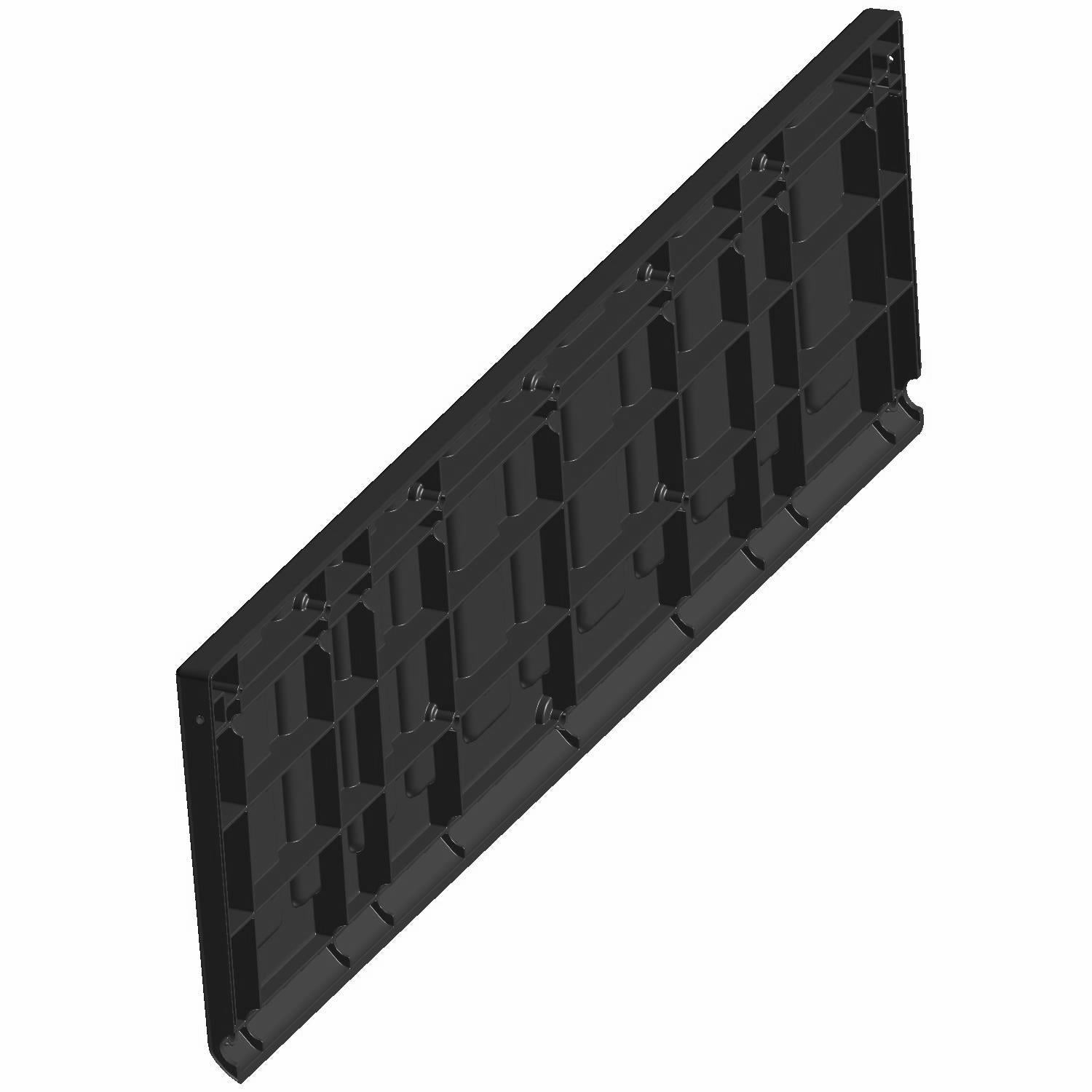Gloss black rectangular inner taillight panel with grid-like reinforcement pattern.