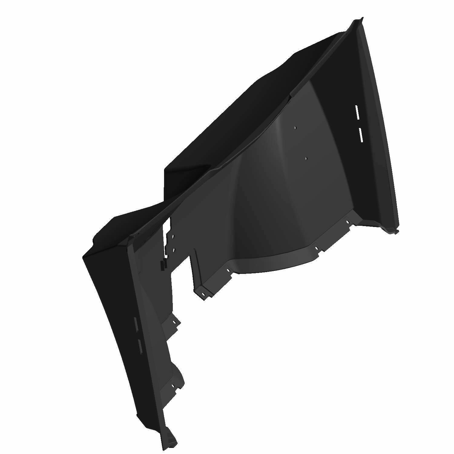 Glossy black molded front floor panel with angular contours and mounting holes for Polaris Ranger UTV.