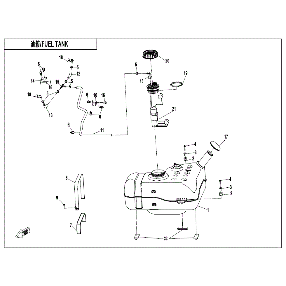 An Image of a Genuine CFMOTO Parts Schematic Diagram showing the schematic - FUEL TANK - 2022 CFMOTO UFORCE 1000