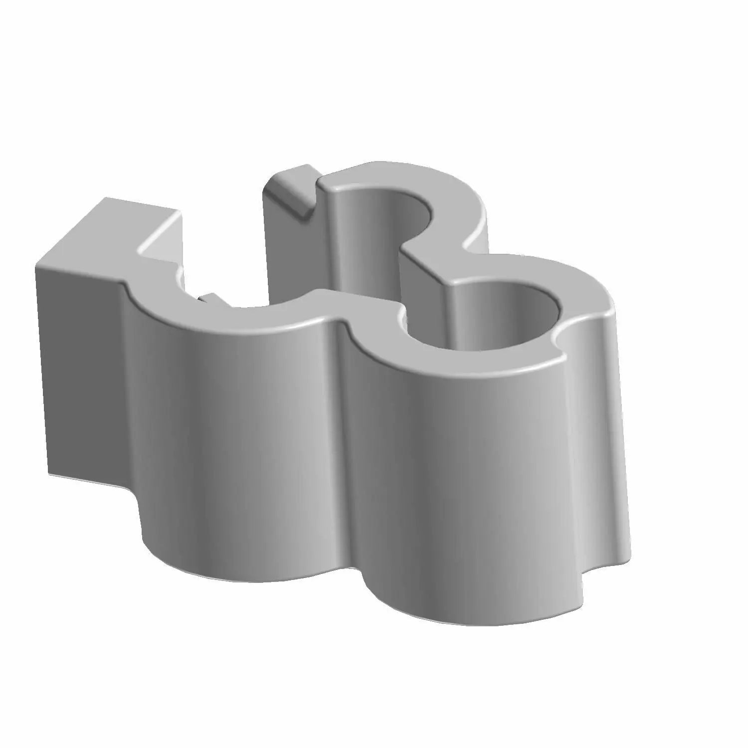 Silver-gray metal brake line clip with curved grooves and rectangular base for securing hardlines.