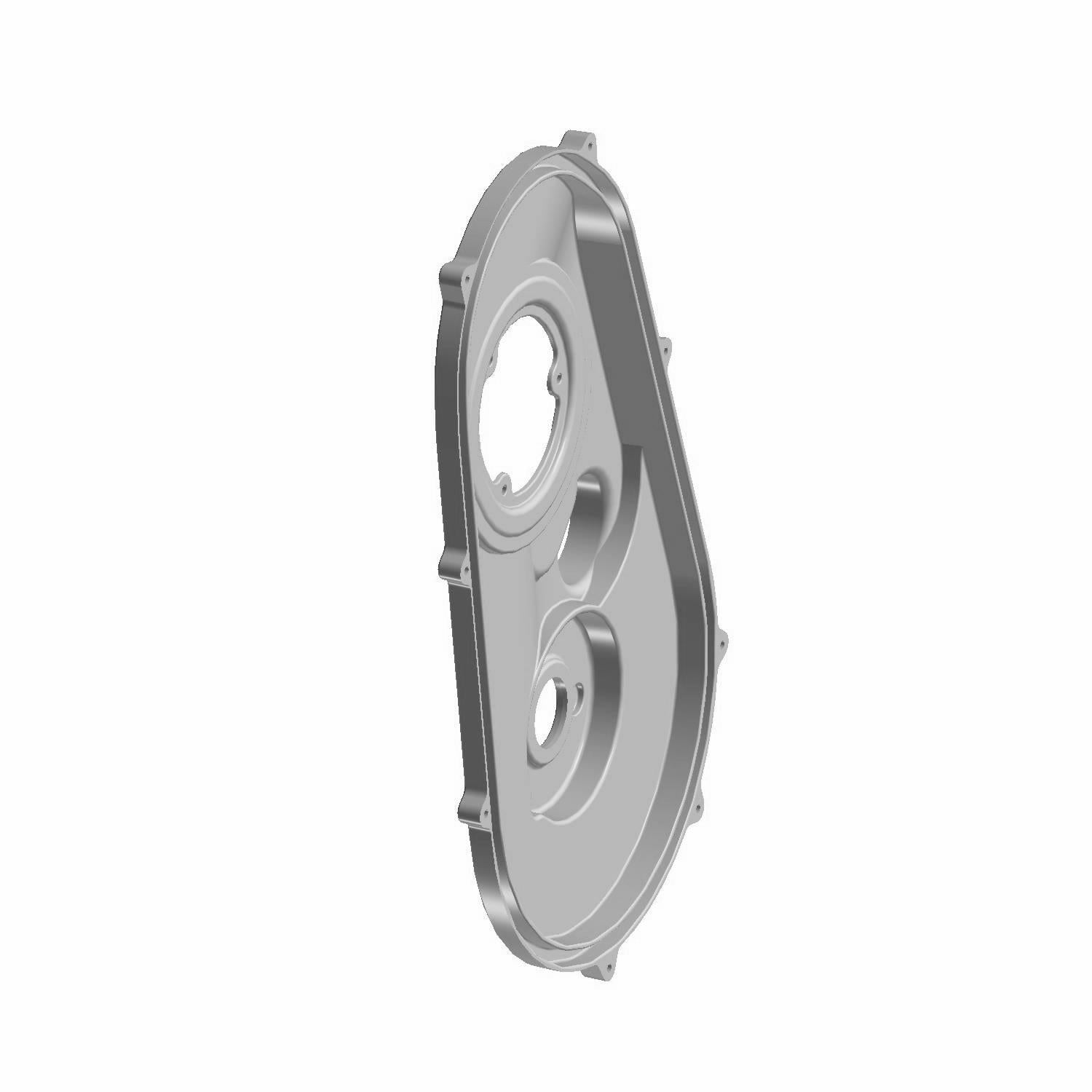 Silver-gray metal inner clutch cover with circular openings and mounting tabs for Polaris RZR models.