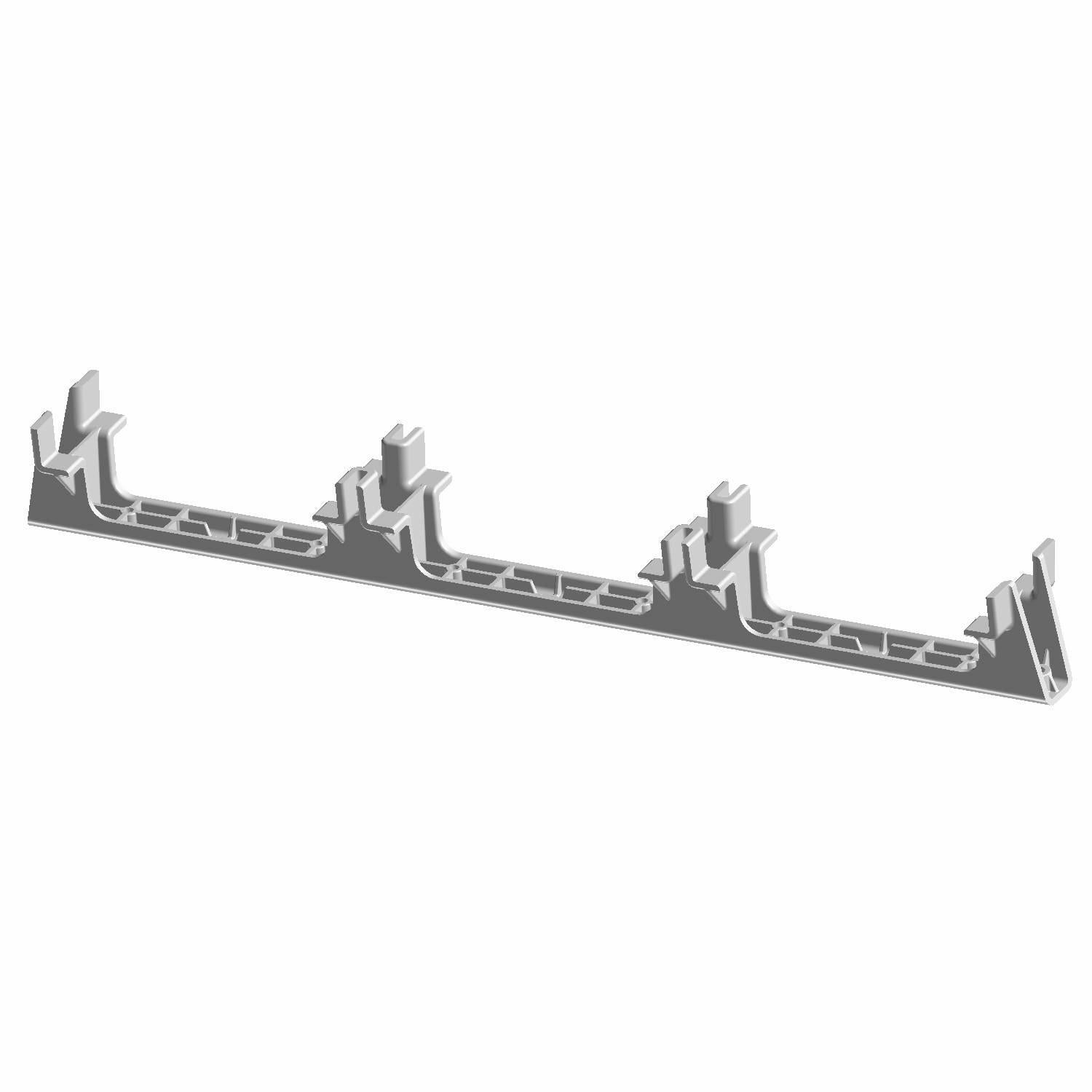 Gray plastic battery hold down strap with multiple securing clips and ribbed support structure.