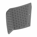 Gray hexagonal patterned right speaker grill panel with mounting hole and angular edges.