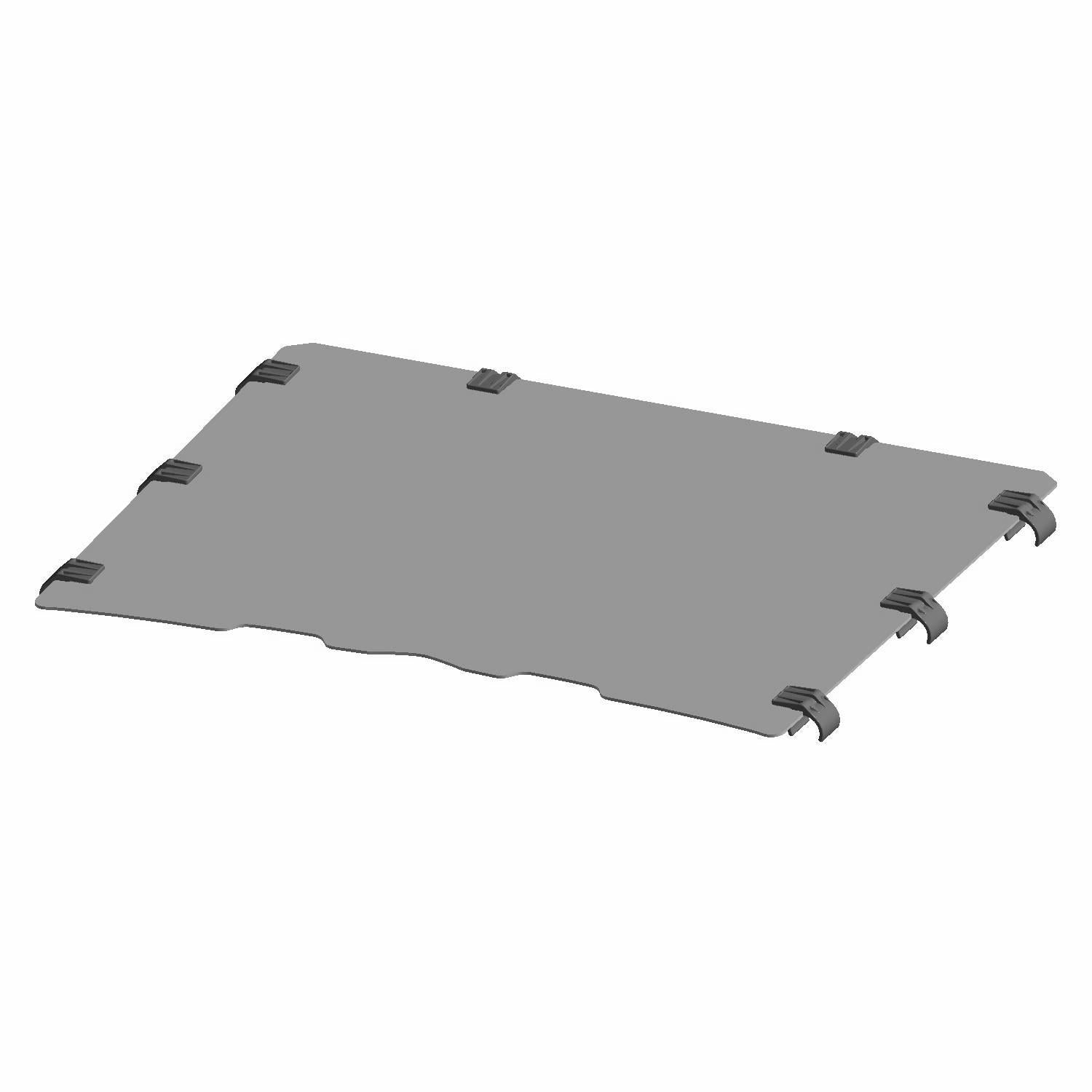 Smoke-tinted rectangular UTV windshield with rounded corners and mounting clips along edges.