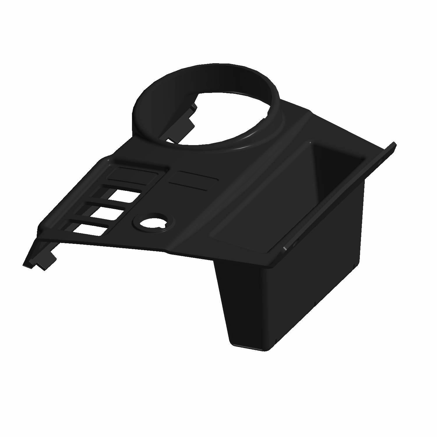 Matte black plastic dash panel with circular speedometer housing and rectangular vent openings.