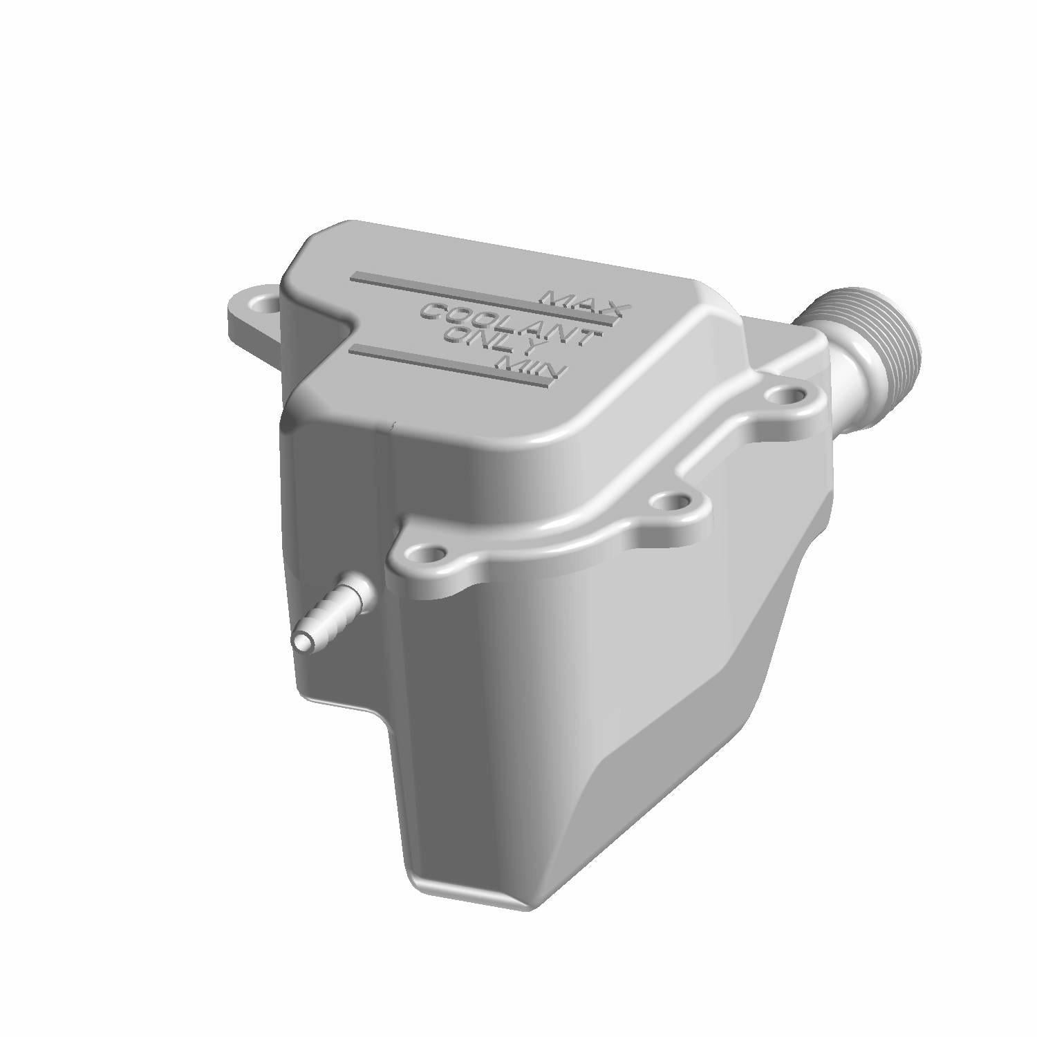 Gray molded plastic surge tank with multiple mounting points and a hose connection on one side.