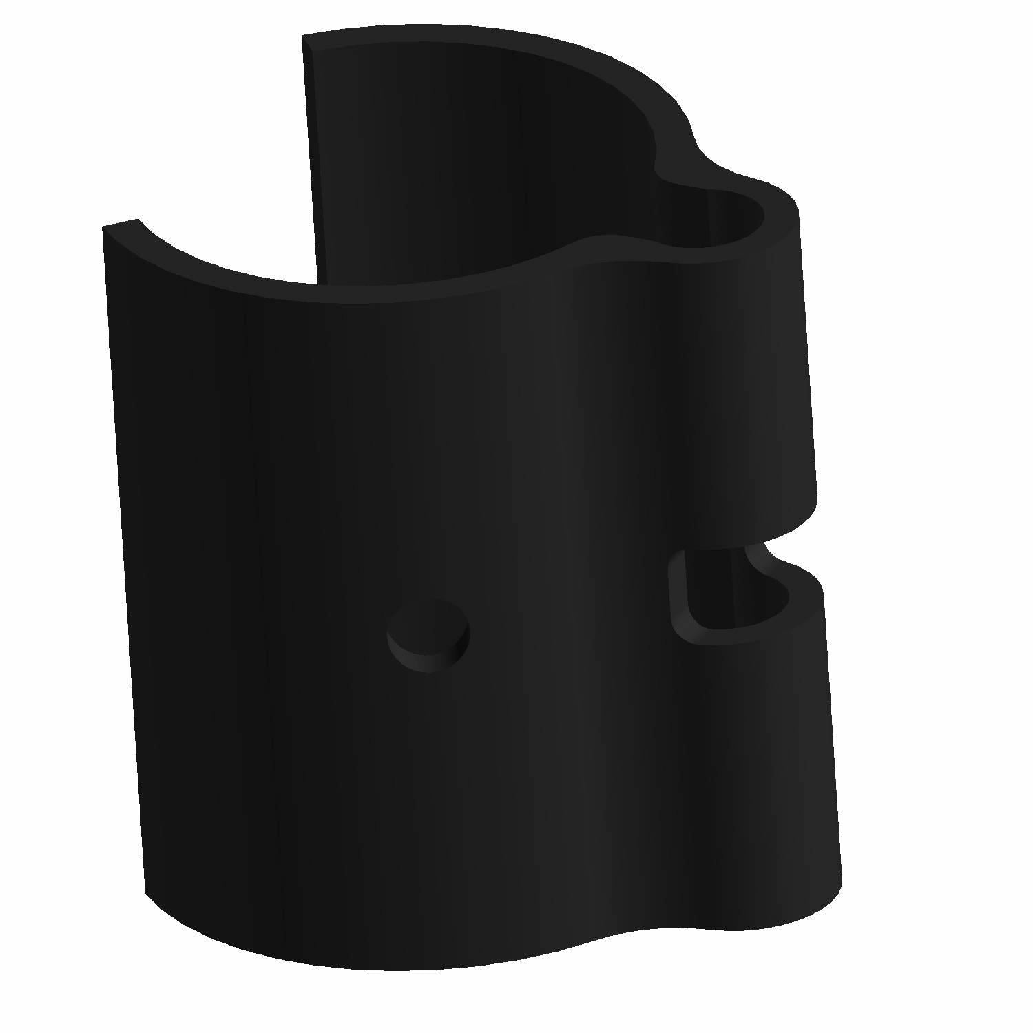 Black cylindrical routing clip brake with a curved cutout and two small round holes.