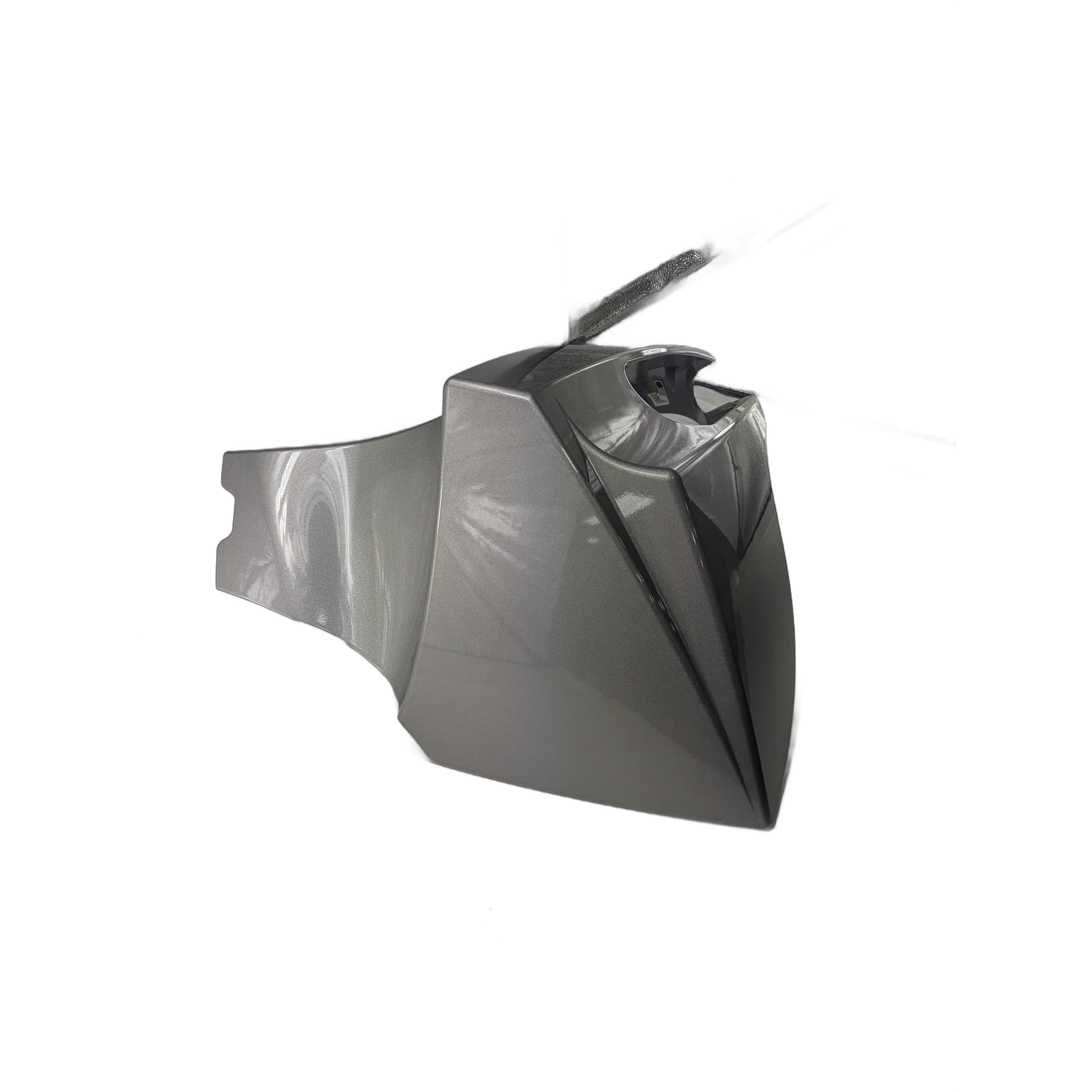 Glossy metallic gray right outer fairing for motorcycle with angular, aerodynamic design and mounting bracket.
