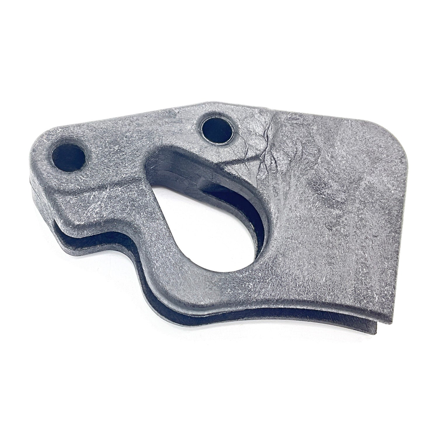 Gray metal front brake scraper for Polaris UTV with two mounting holes and contoured cutout.
