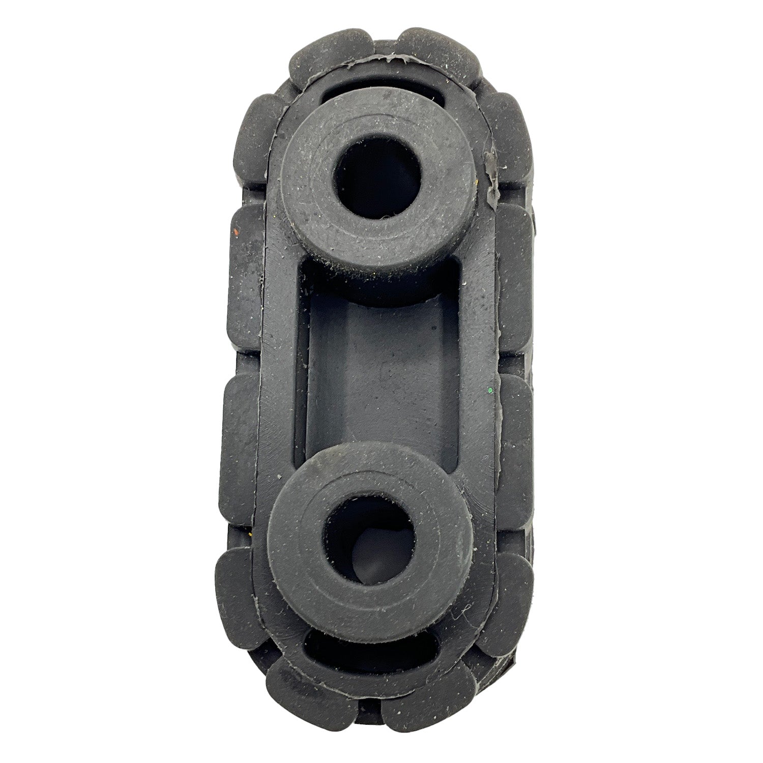 Black rubber isolator mount with two circular holes and rectangular body with ridged edges.