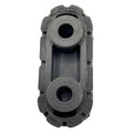 Black rubber isolator mount with two circular holes and rectangular body with ridged edges.