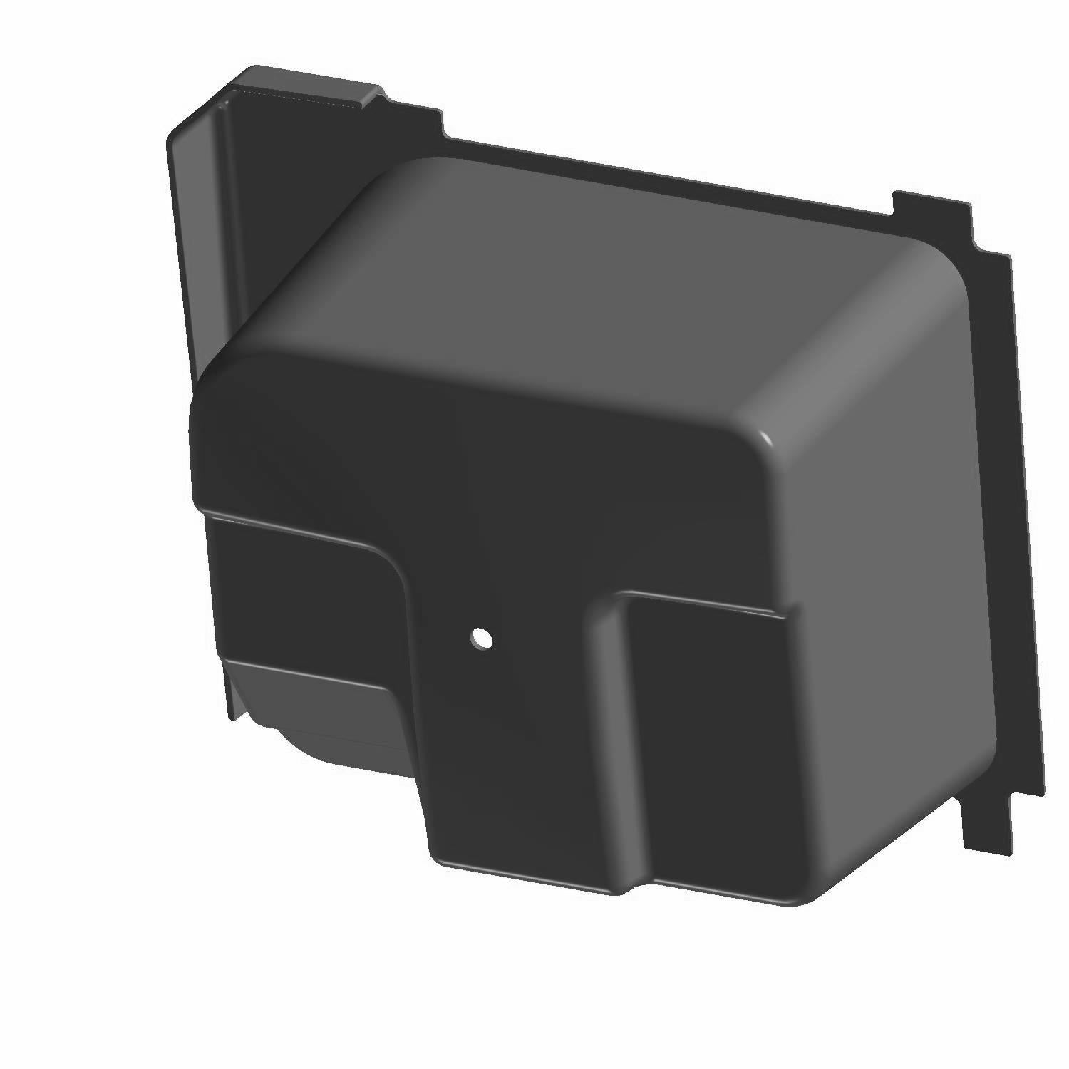 Black rectangular plastic storage box with mounting tabs and a central hole.