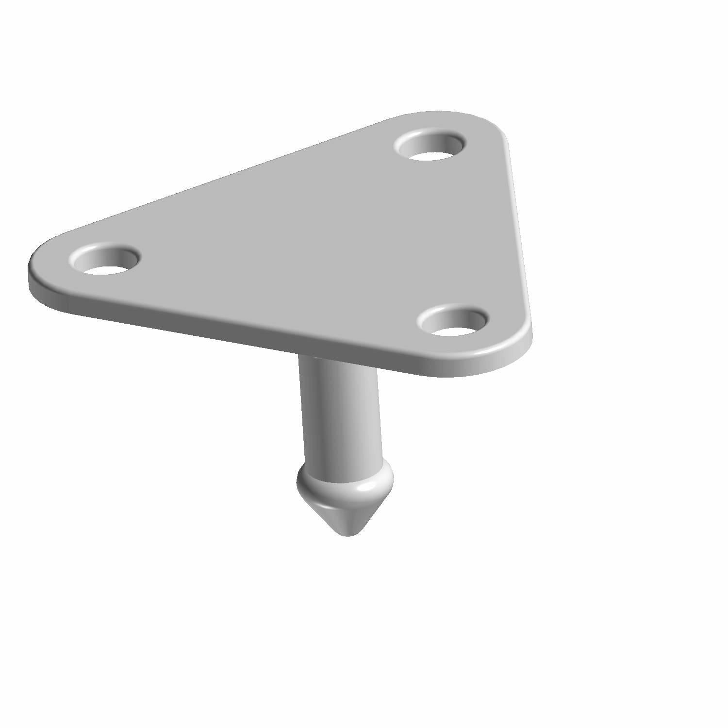 Silver triangular metal catch pin with three mounting holes and a central tapered peg.