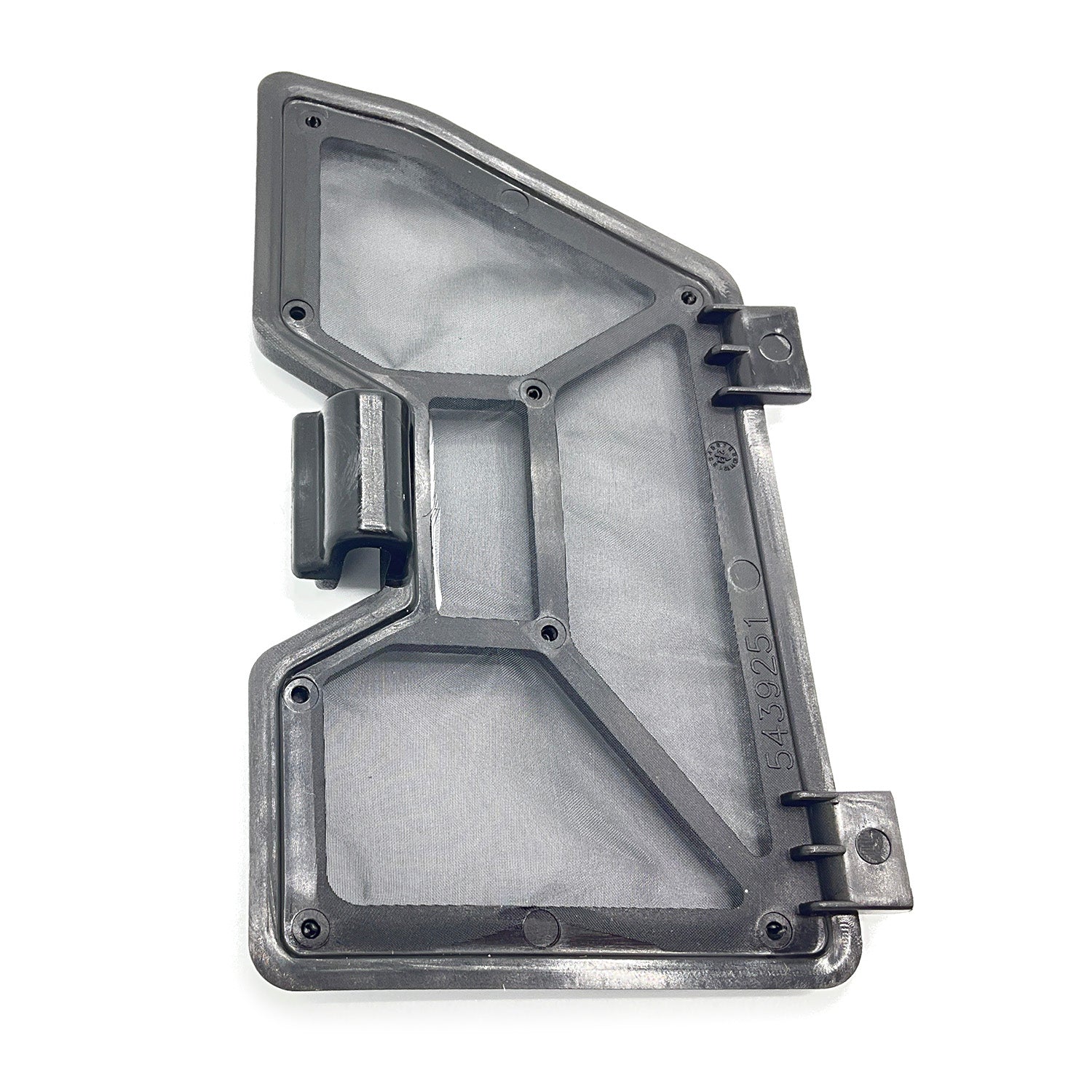 Black plastic intake grille cover with mesh center and mounting tabs for Polaris UTV.