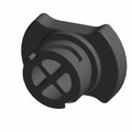Black plastic oil fill cap with ribbed grip and cross-shaped indent on top.