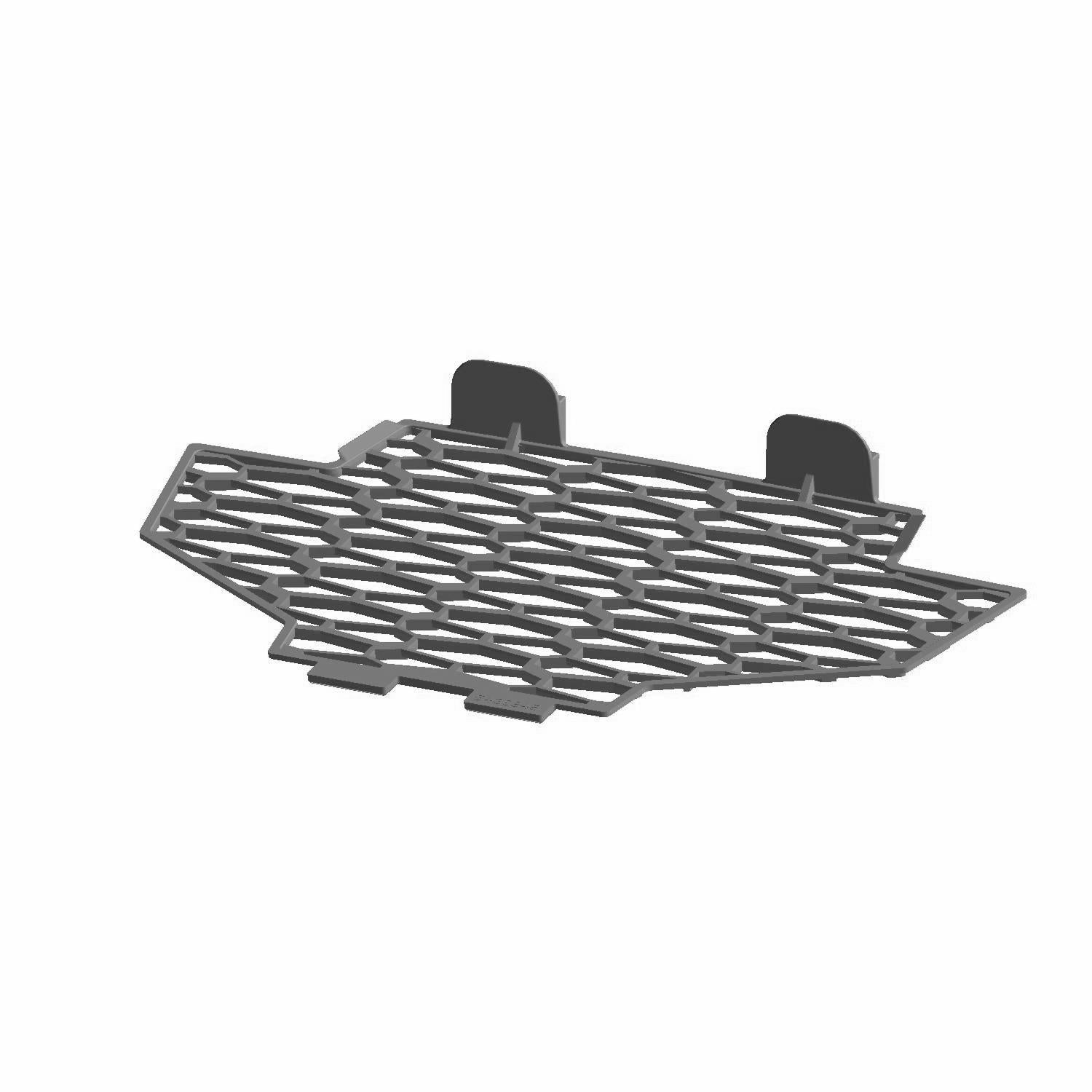 Gloss black front insert grille with hexagonal mesh pattern and mounting tabs for Polaris RZR models.