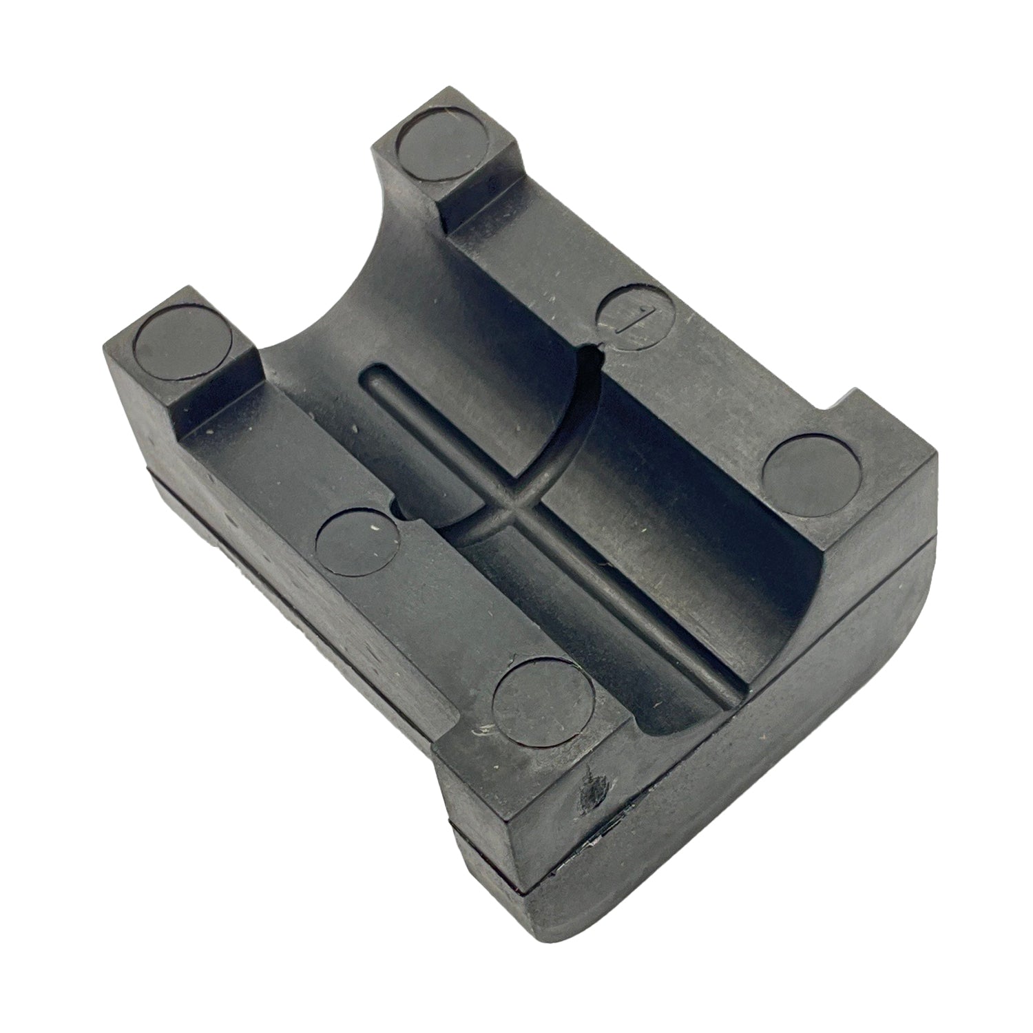 Black rectangular A-arm bushing with curved cutout and four circular mounting points.