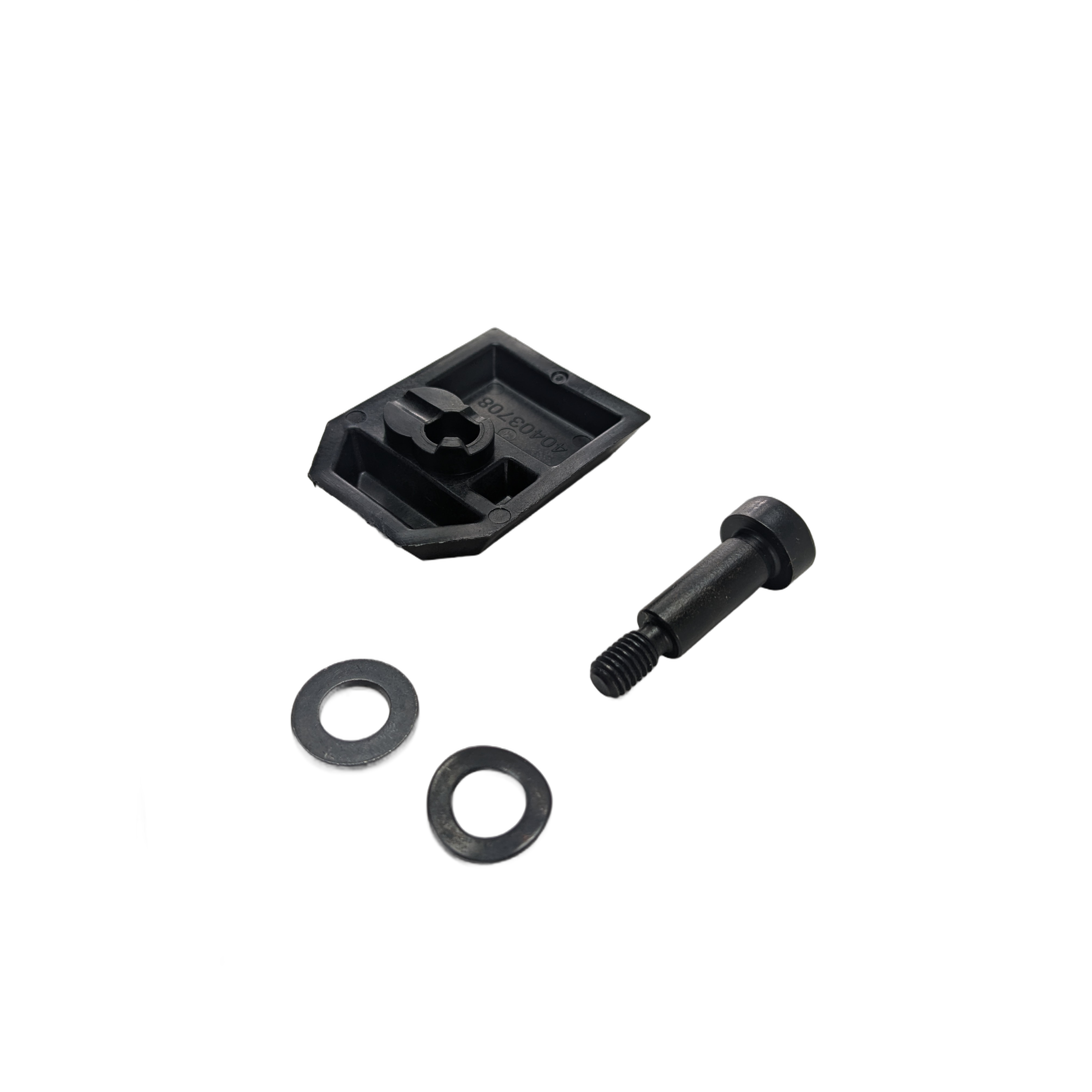 Black plastic rear windshield base with a black metal bolt and two washers laid out on a white background.