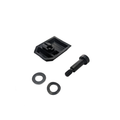 Black plastic rear windshield base with a black metal bolt and two washers laid out on a white background.