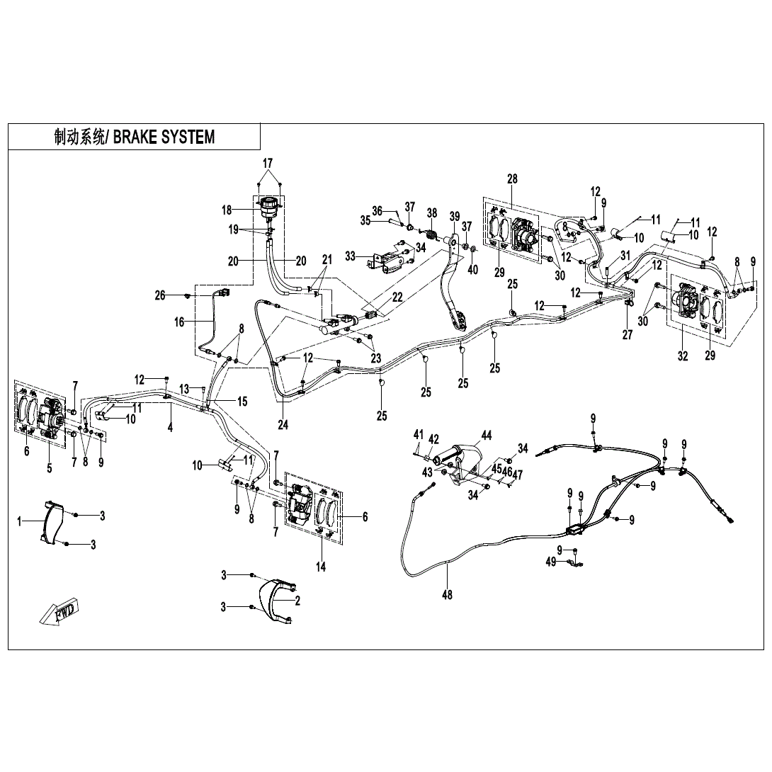 An Image of a Genuine CFMOTO Parts Schematic Diagram showing the schematic - BRAKE SYSTEM - 2024 CFMOTO ZFORCE 950 Trail