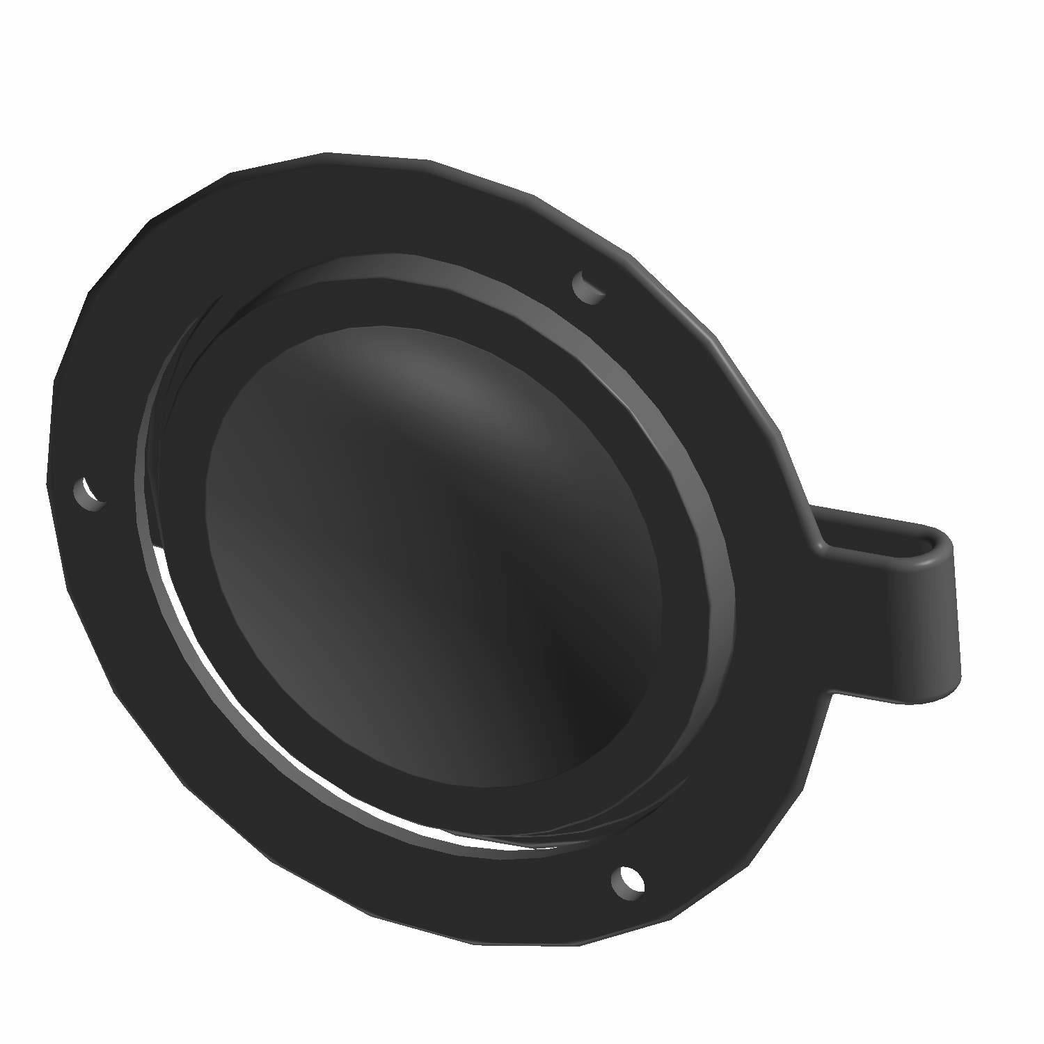 Black circular plastic receptacle plug cover with a tab and mounting holes.