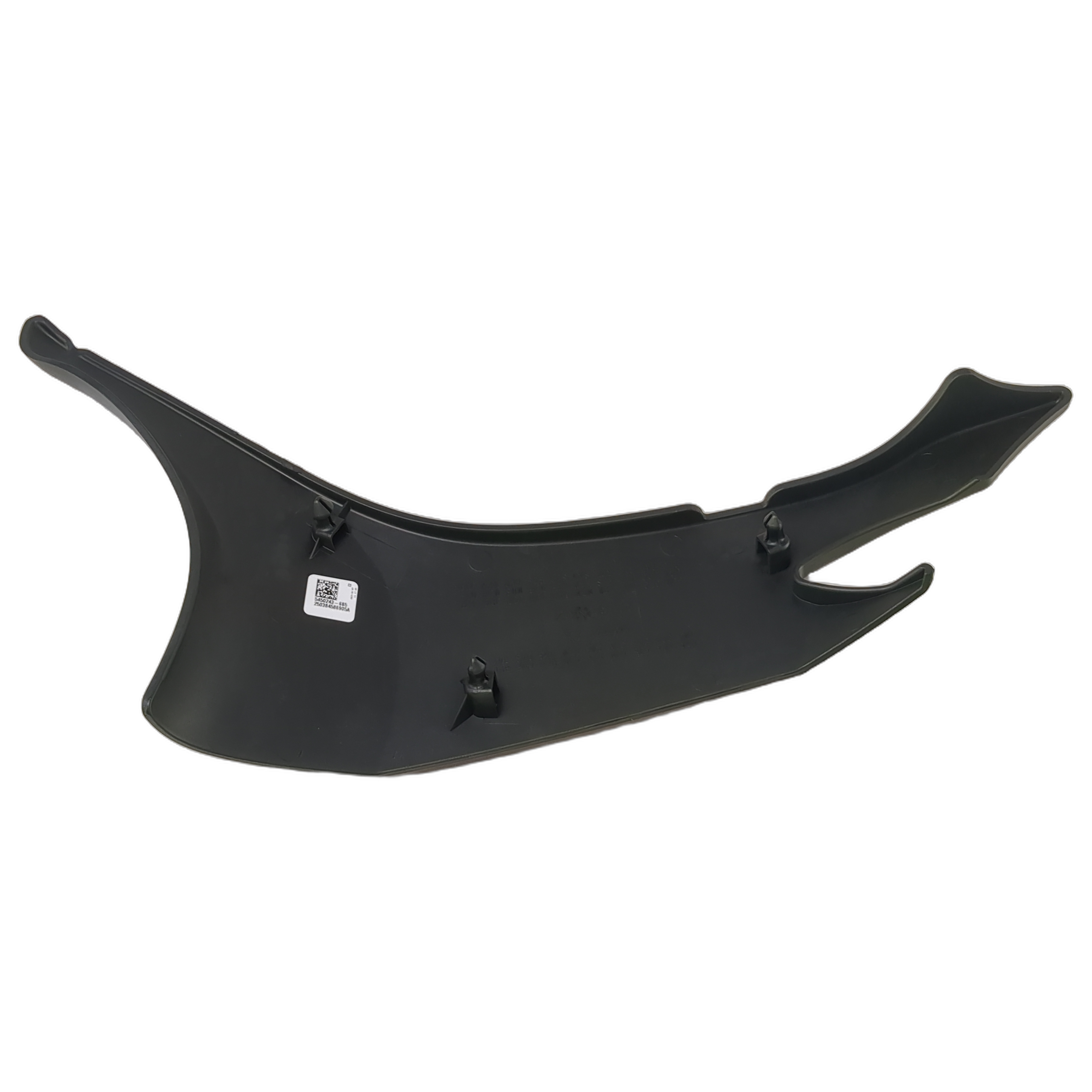 Black curved motorcycle body side cover with smooth matte finish and mounting clips.