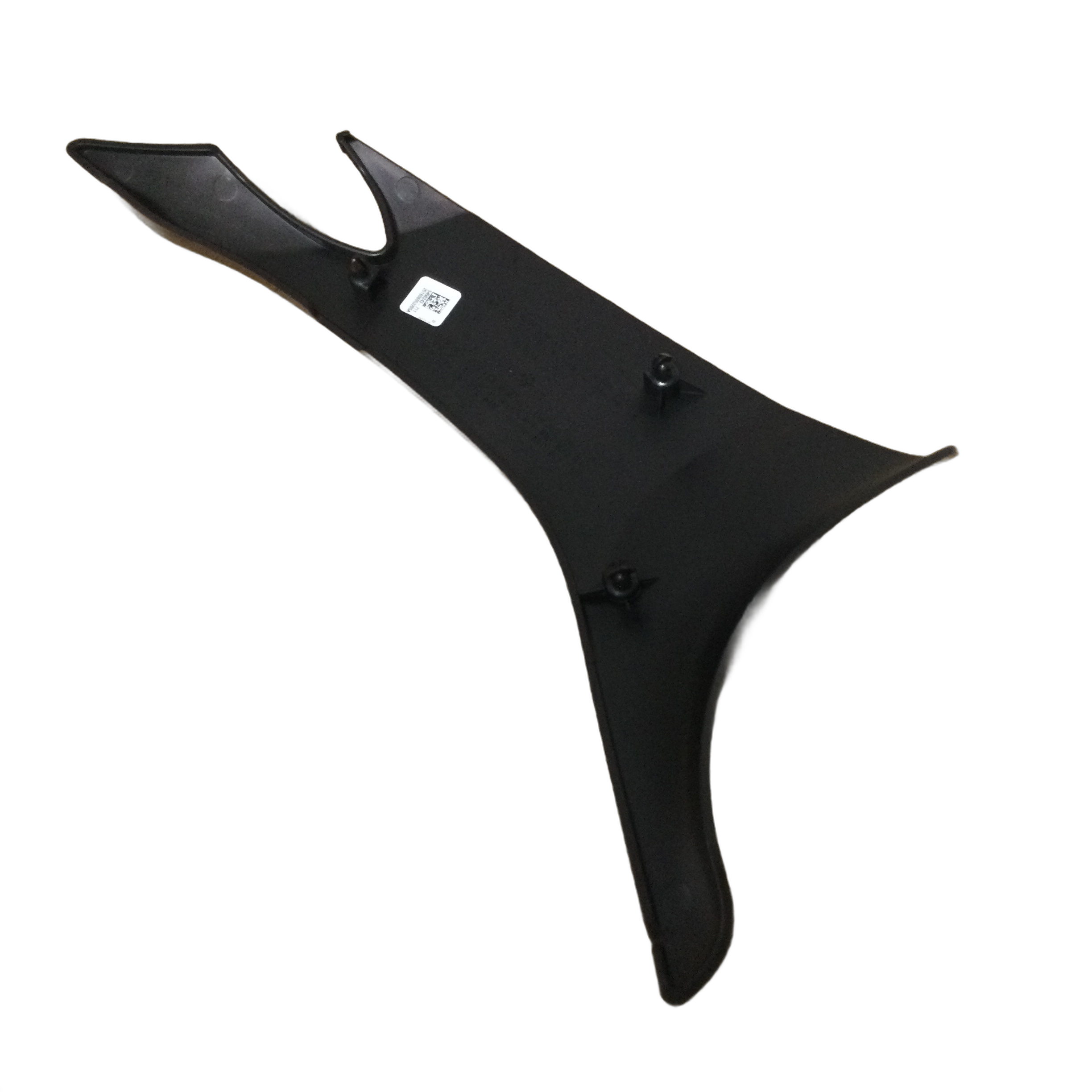 A black, asymmetrical plastic Body Side Cover, Upper Right Mrnmt by Polaris, with two clips and a small white label, shown on a white background—ideal as a genuine OEM replacement part for Indian motorcycles.