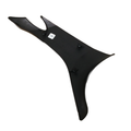 A black, asymmetrical plastic Body Side Cover, Upper Right Mrnmt by Polaris, with two clips and a small white label, shown on a white background—ideal as a genuine OEM replacement part for Indian motorcycles.