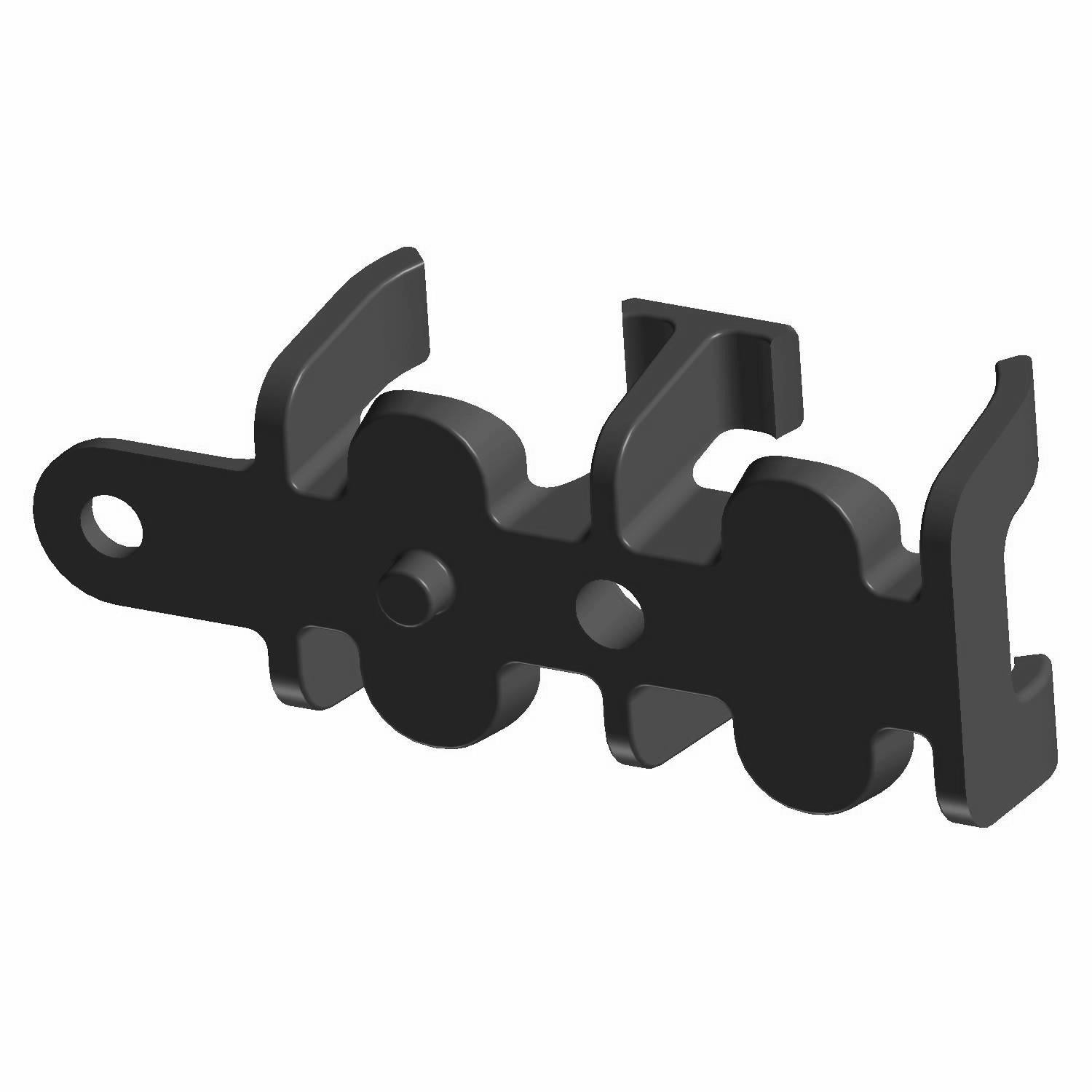 Black metal coolant tube bracket with multiple mounting points and curved clips.