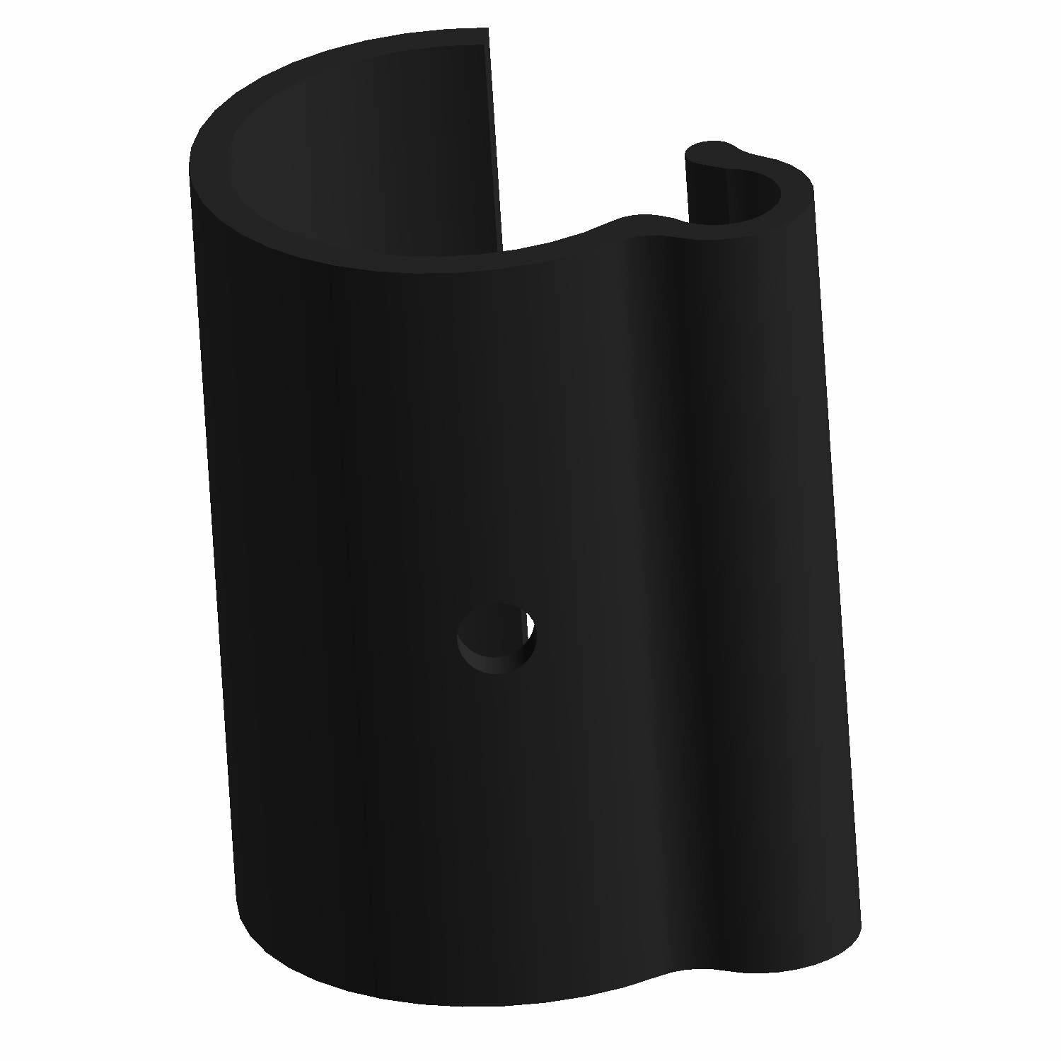 Black cylindrical brake line clip with a side opening and central hole for securing lines.
