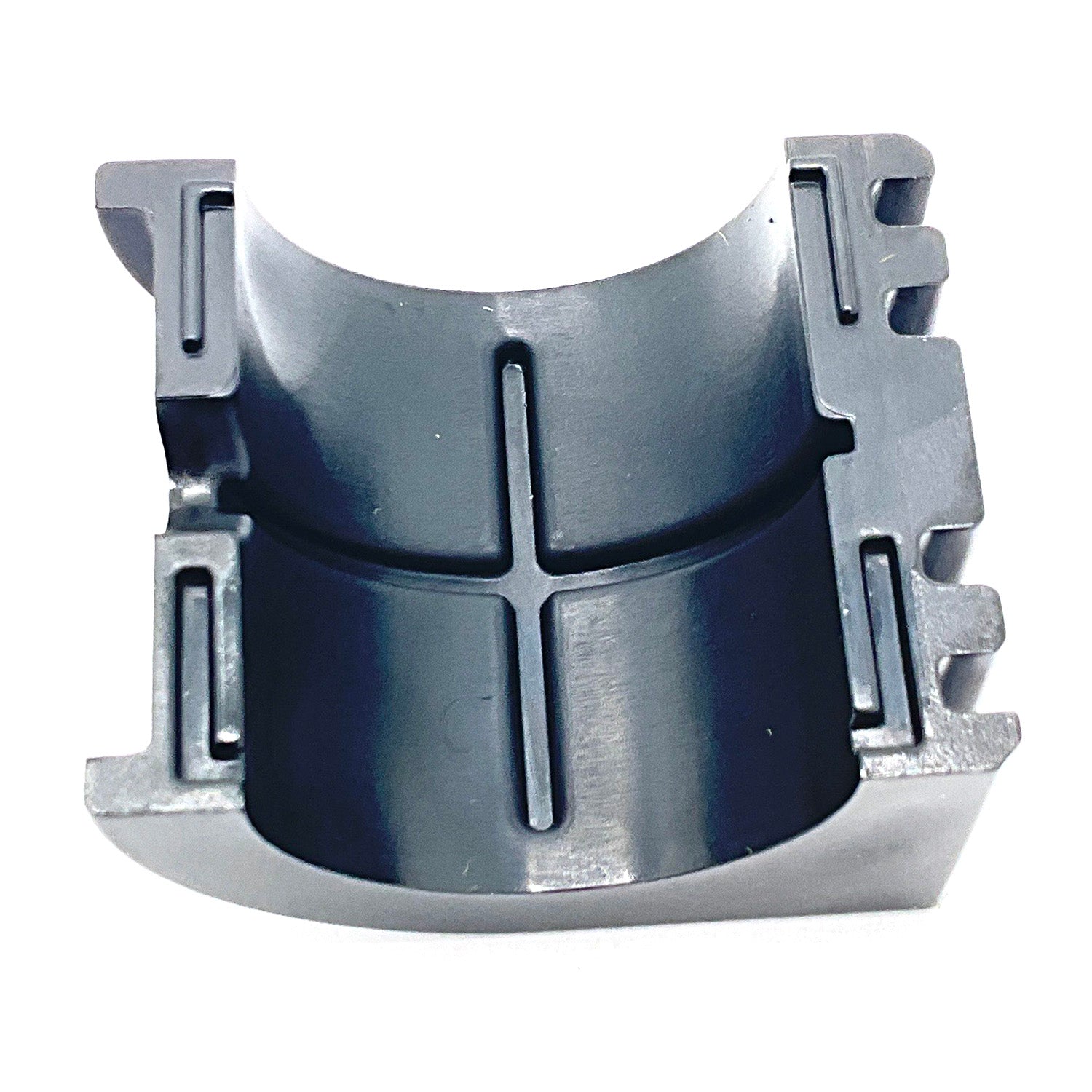 Black curved upper steering bushing with vertical and horizontal grooves and rectangular slots on sides.