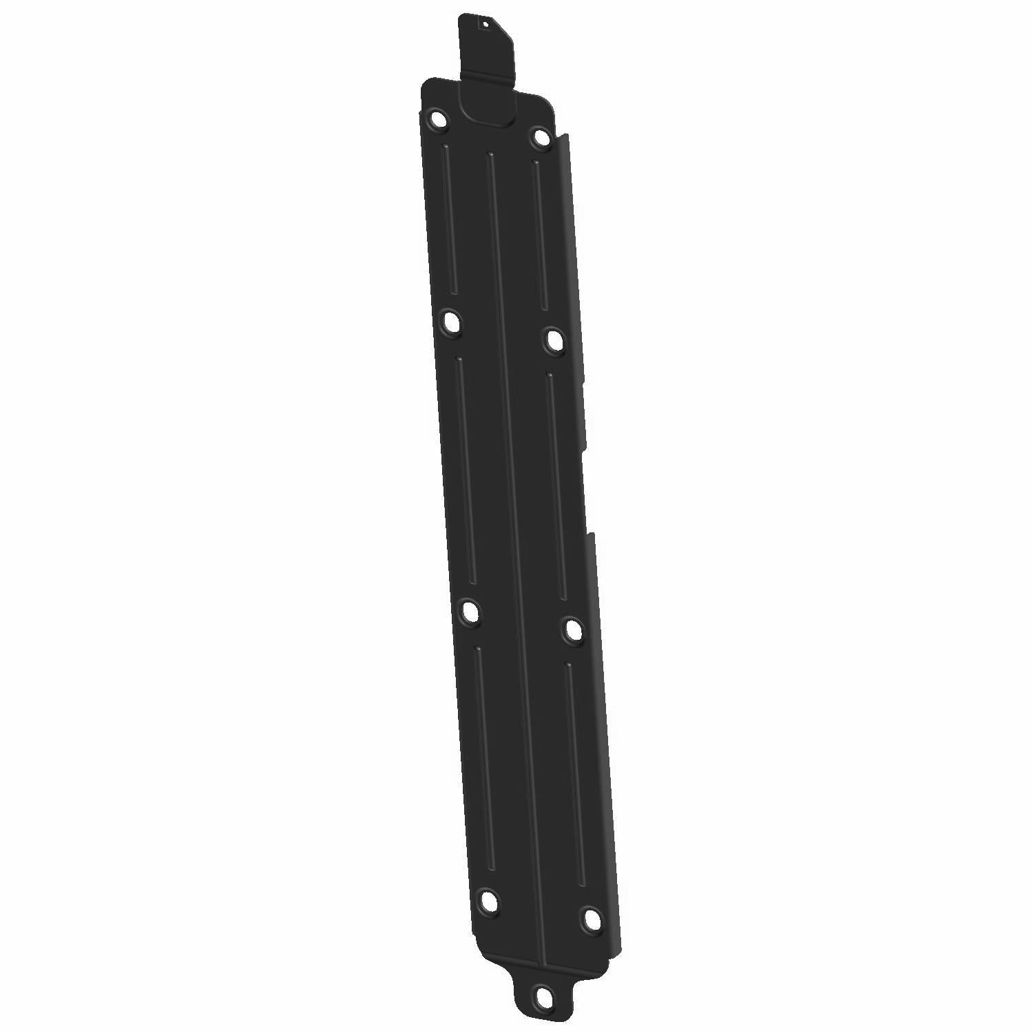 Gloss black metal front skid plate with multiple mounting holes for Polaris UTVs.