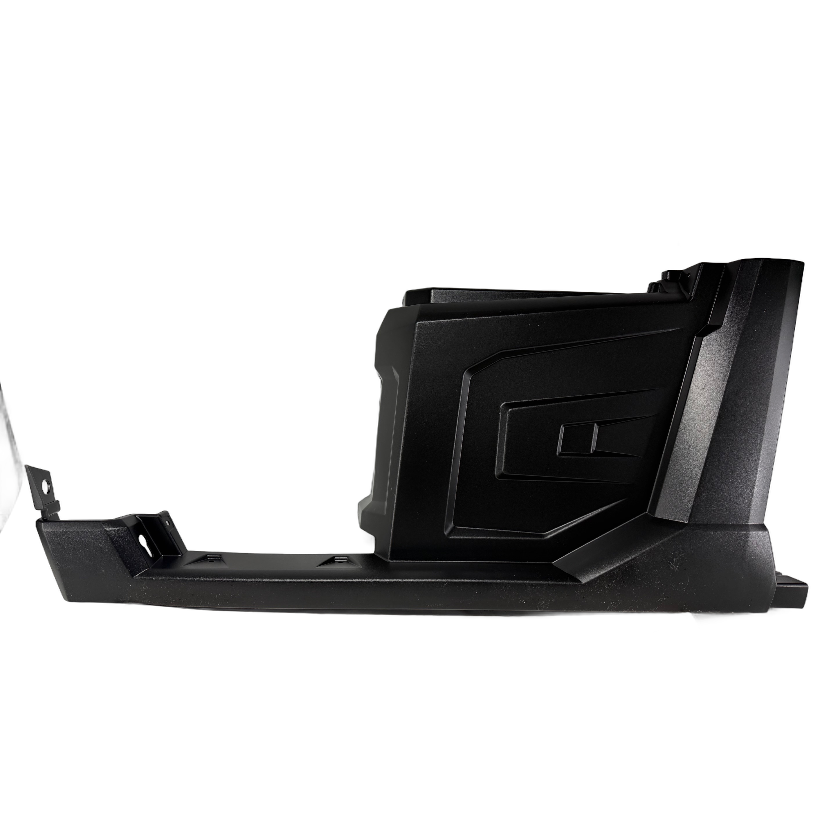 Black plastic left hand center fender with integrated rocker panel, angular design.