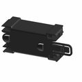 Black rectangular plastic relay and fuse center with mounting tabs and metal connectors.