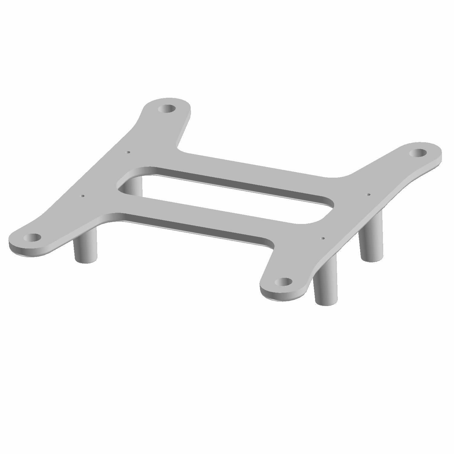 Black metal ECU mount bracket with four rounded corners and four protruding cylindrical posts.