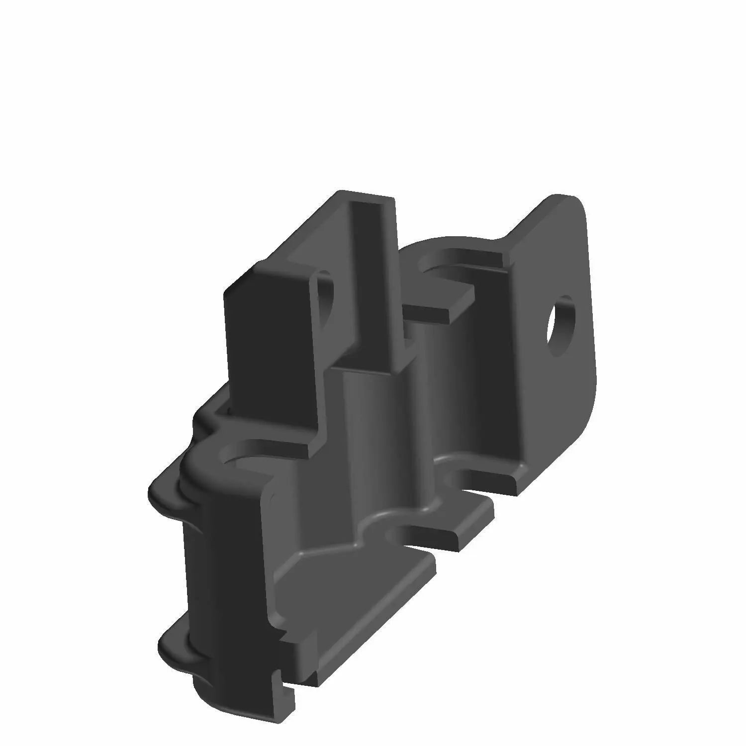 Black plastic brake line retainer clip with mounting hole and ridged edges.