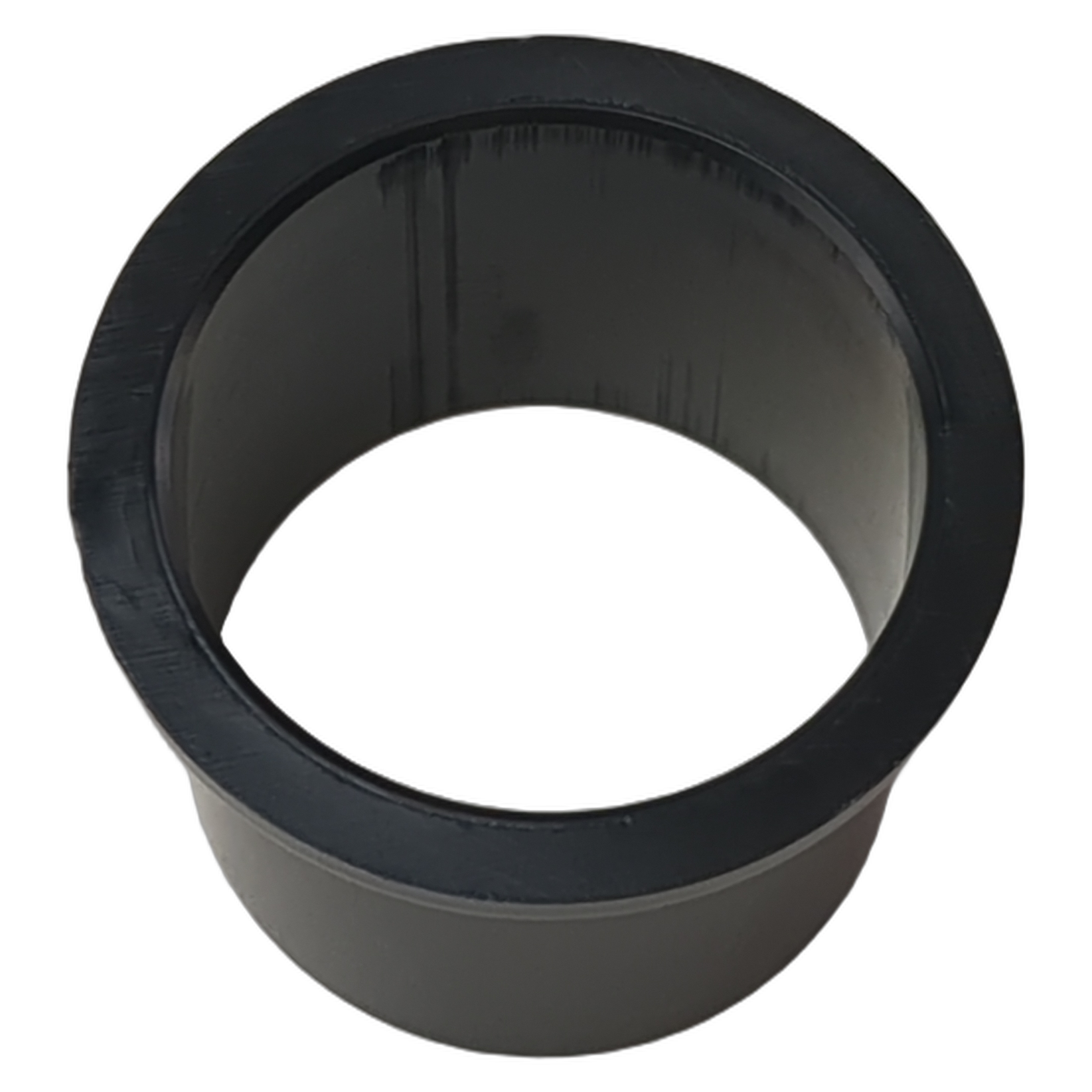 Black cylindrical spool bushing with smooth surface and wide flange edge, made of durable material.