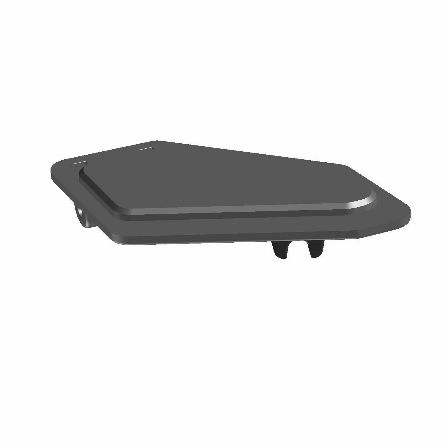 Black rectangular plastic actuator latch with angled edges and two mounting clips underneath.