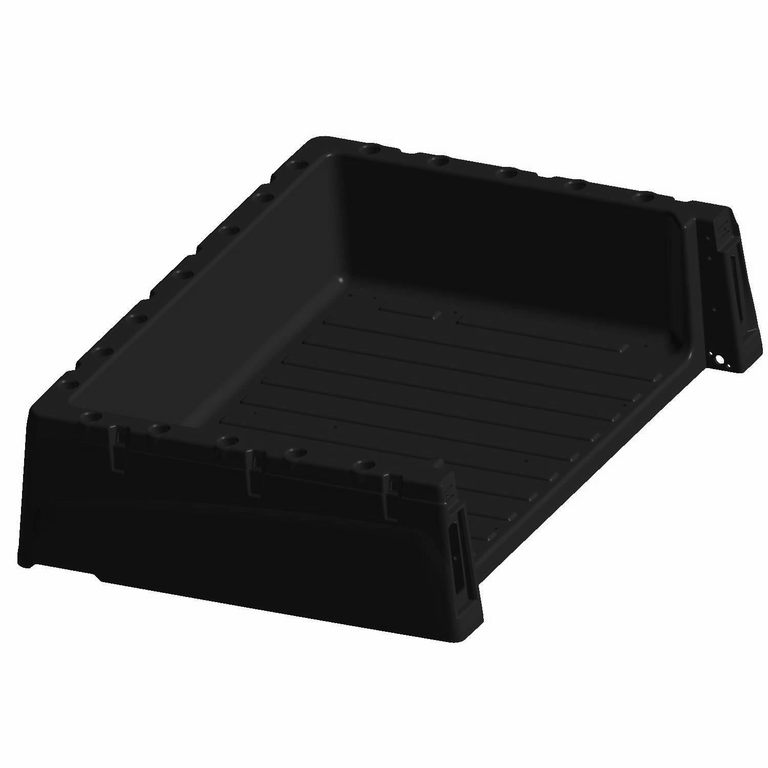 Black rectangular short cargo box with raised edges and textured base for Polaris UTV.