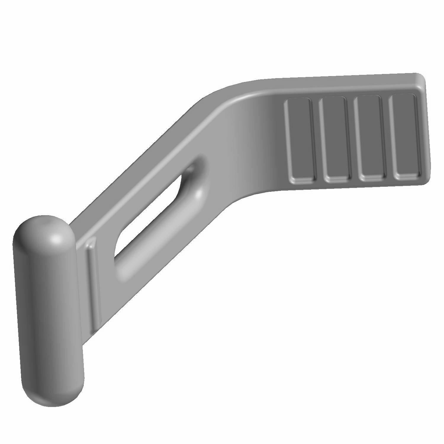 Gray molded plastic airbox strap with hinge pin and ribbed grip section.