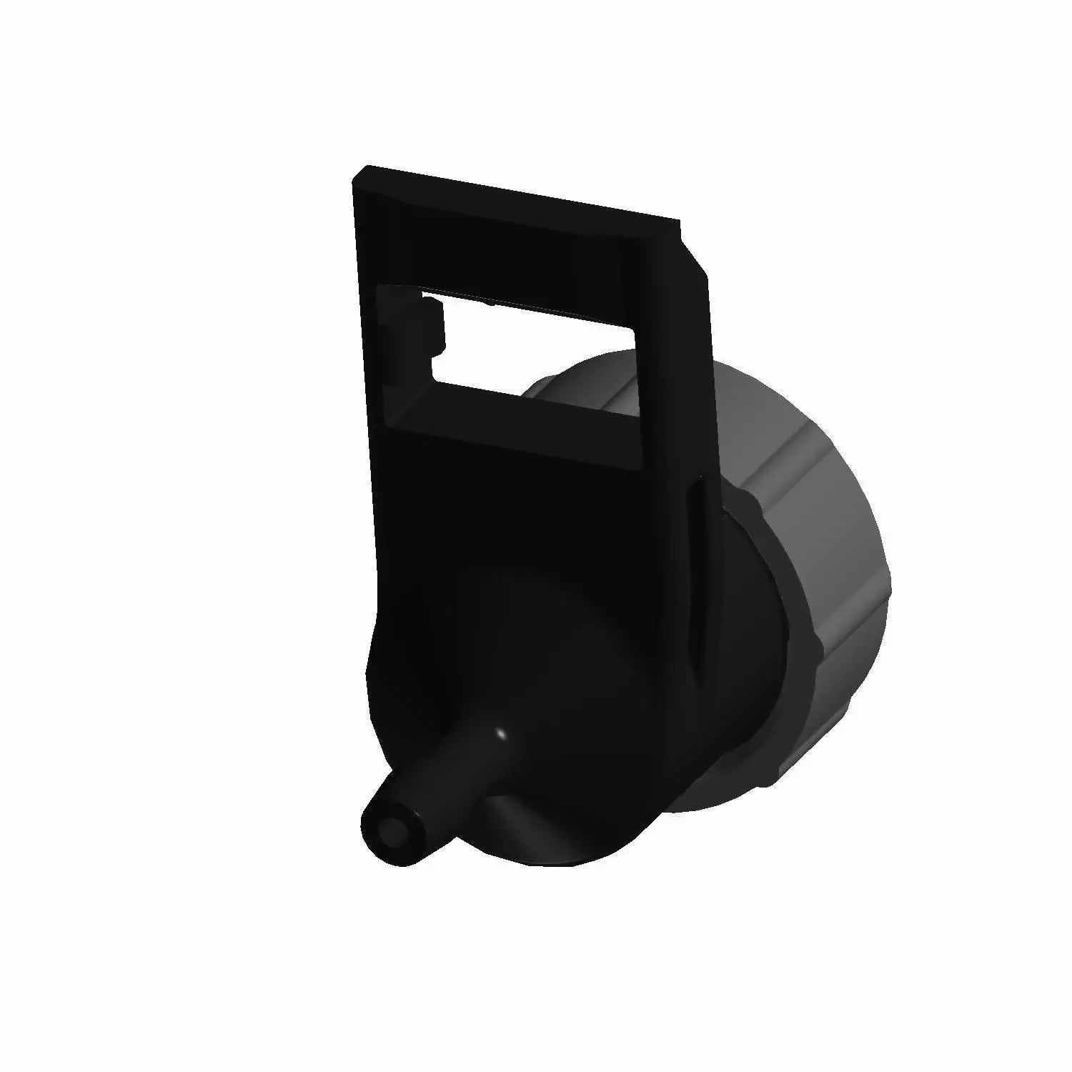Black plastic coolant funnel with a wide screw-on cap and a narrow spout for pouring.