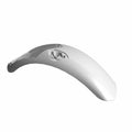 Glossy white curved motorcycle saddlebag lid with integrated right-side speaker housing.
